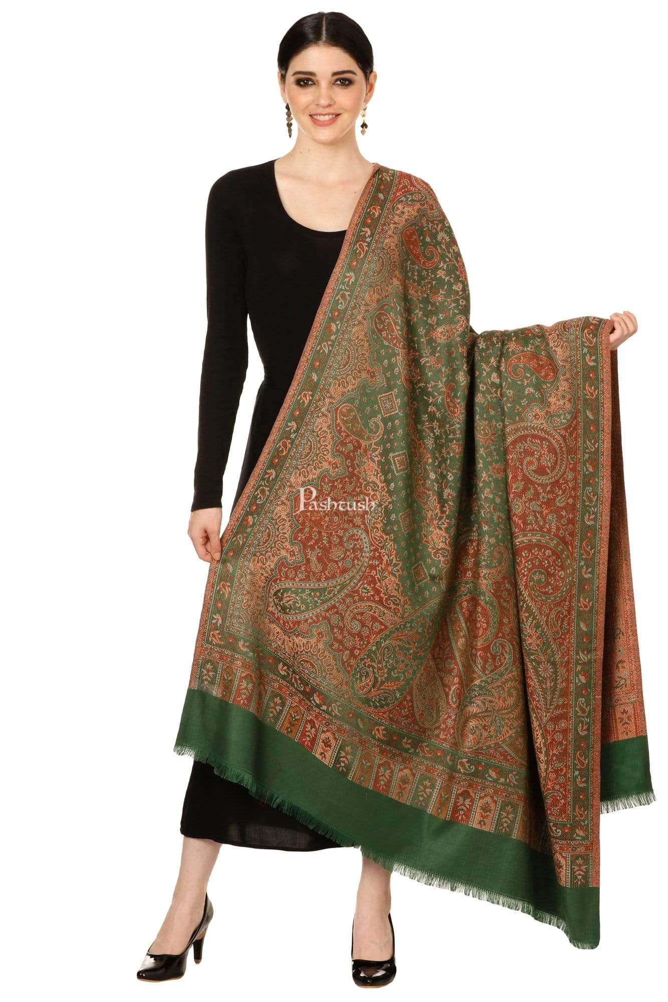 Pashtush India Shawl Pashtush Women's Kashmiri Jamawar Shawl, Emerald Green