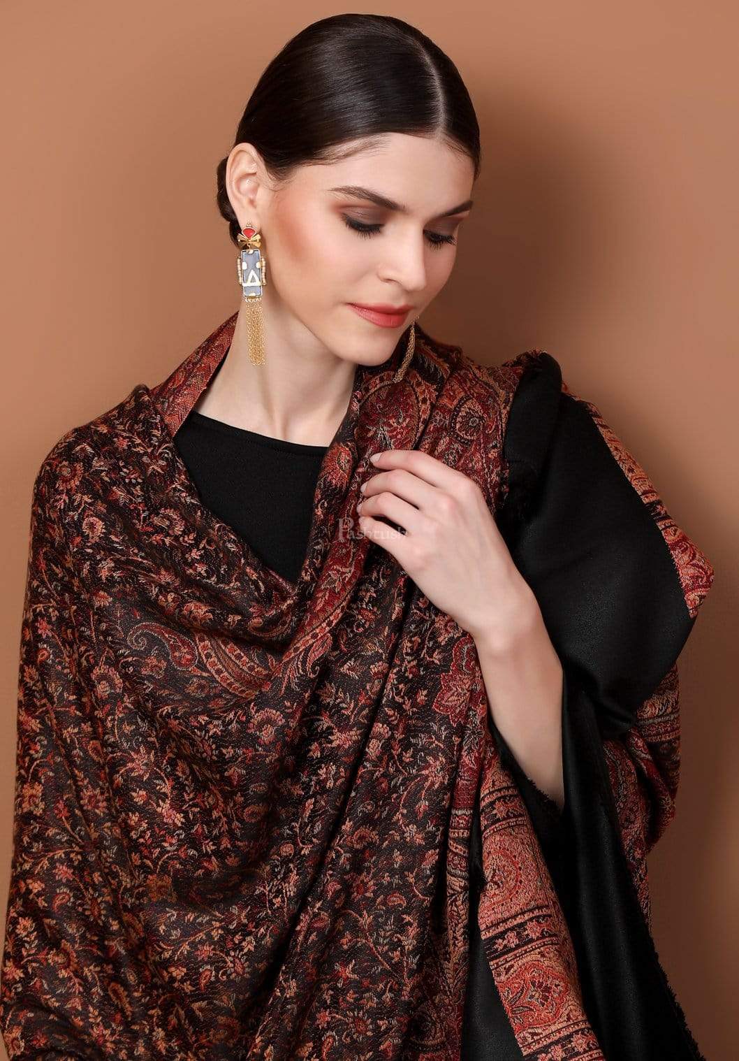Pashtush India 100x200 Pashtush Women's Kashmiri Jamawar Shawl, Faux Pashmina Black