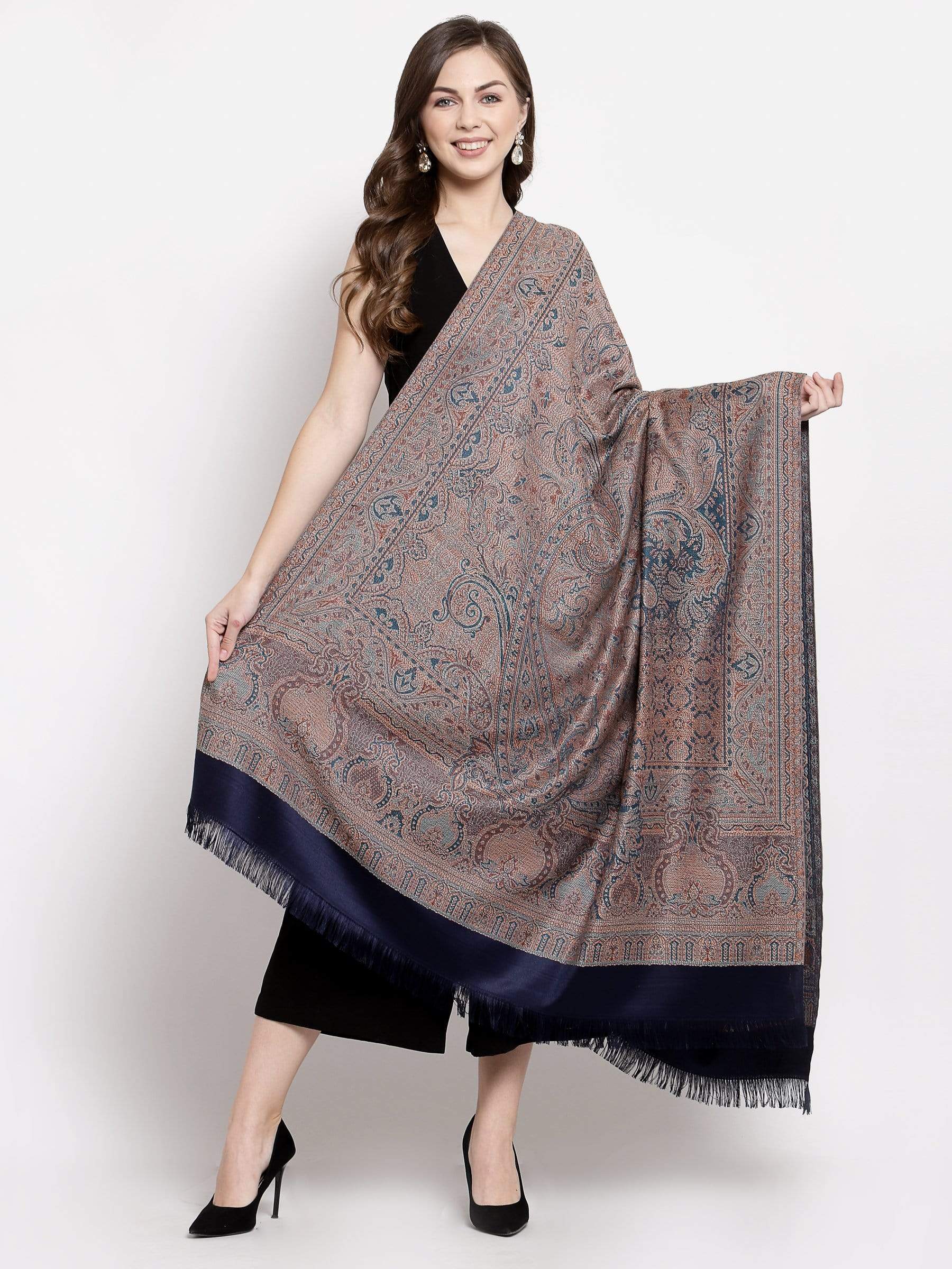 Pashtush India 100x200 Pashtush Women's Kashmiri Jamawar Shawl, Faux Pashmina, Navy blue, Reversible