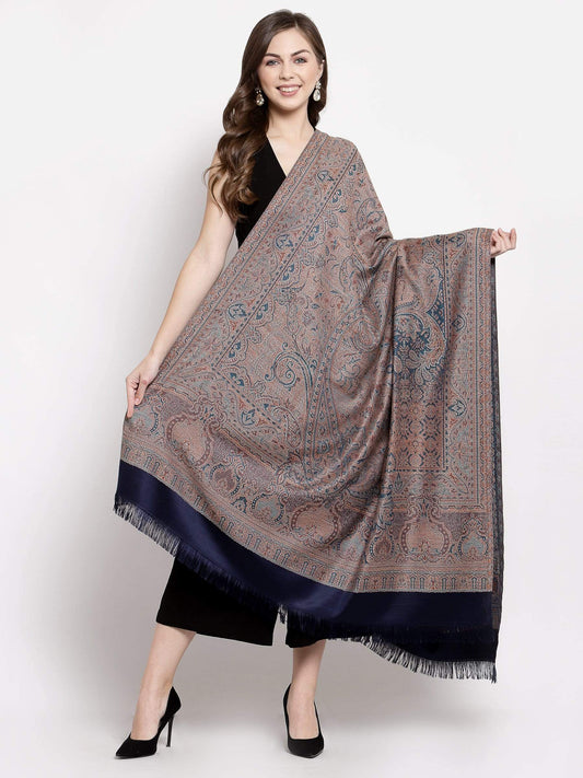 Pashtush India 100x200 Pashtush Women's Kashmiri Jamawar Shawl, Faux Pashmina, Navy blue, Reversible