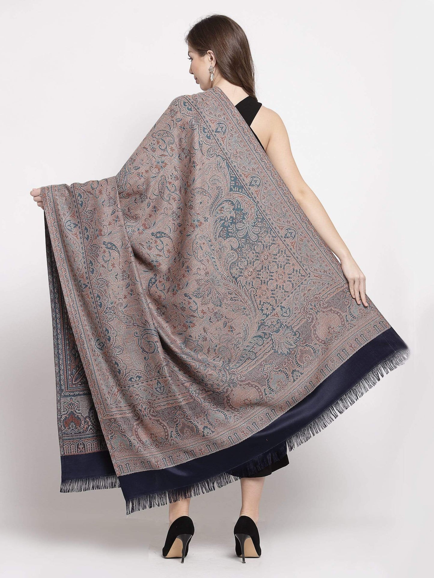 Pashtush India 100x200 Pashtush Women's Kashmiri Jamawar Shawl, Faux Pashmina, Navy blue, Reversible