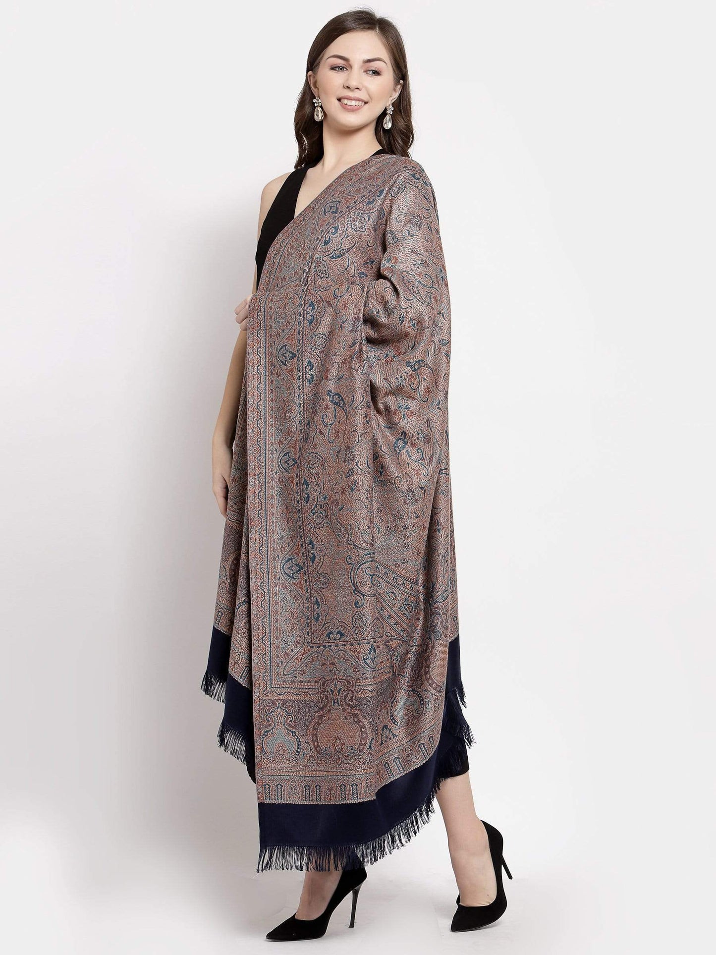 Pashtush India 100x200 Pashtush Women's Kashmiri Jamawar Shawl, Faux Pashmina, Navy blue, Reversible