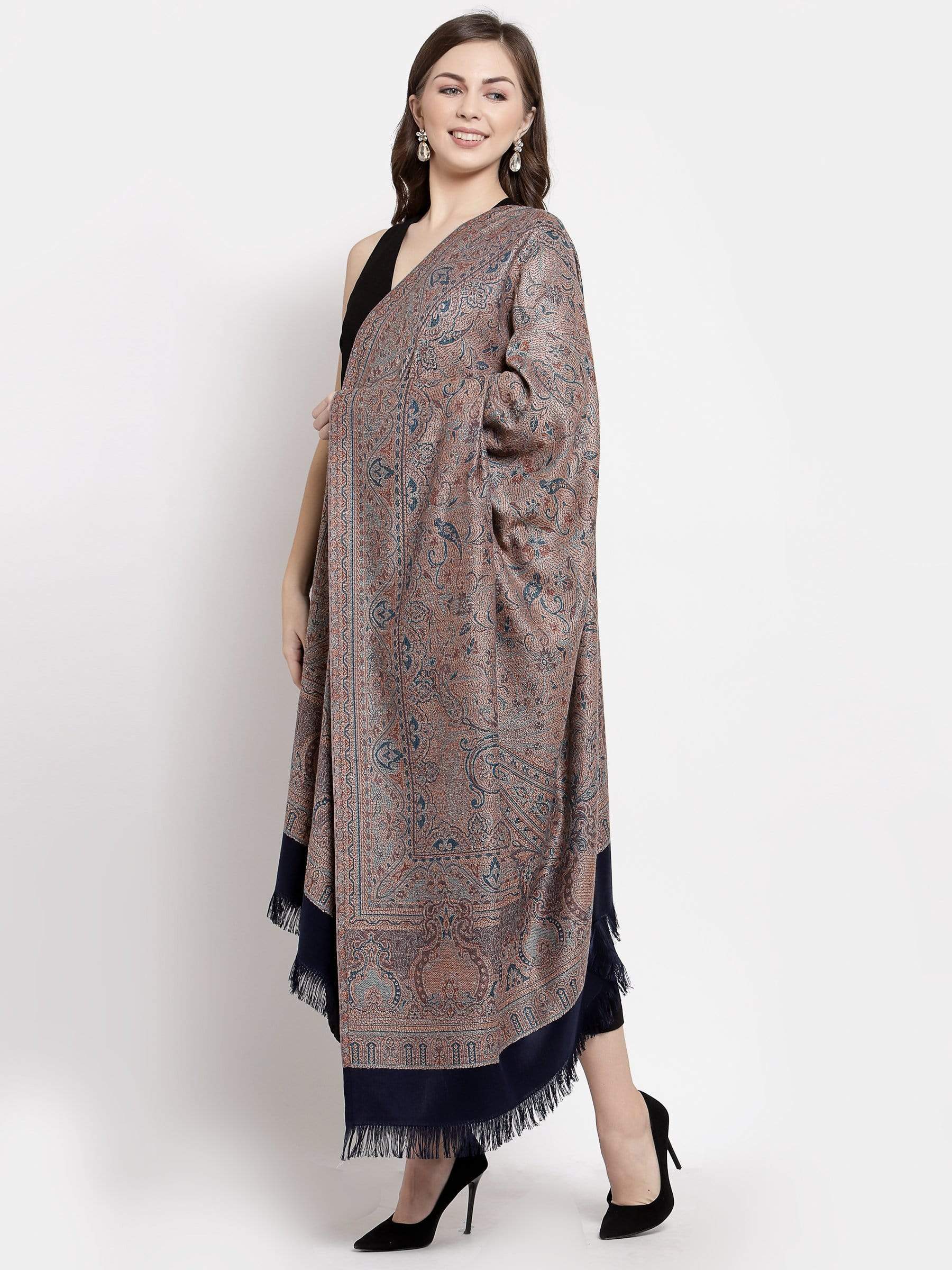 Pashtush India 100x200 Pashtush Women's Kashmiri Jamawar Shawl, Faux Pashmina, Navy blue, Reversible