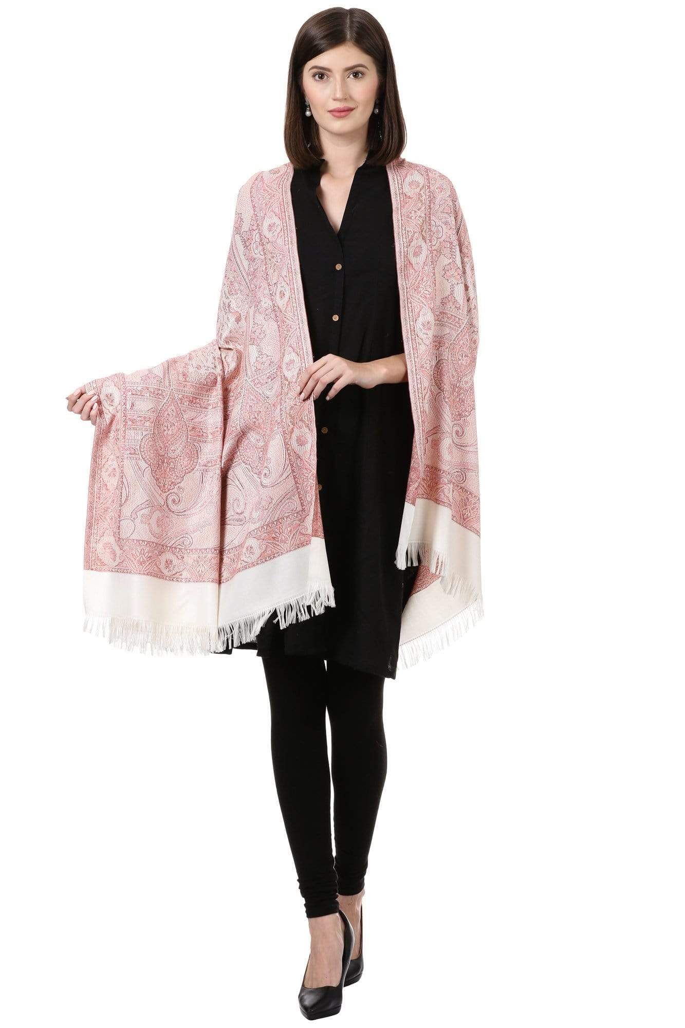 Pashtush India 100x200 Pashtush Women's Kashmiri Jamawar Shawl, Ivory andPink