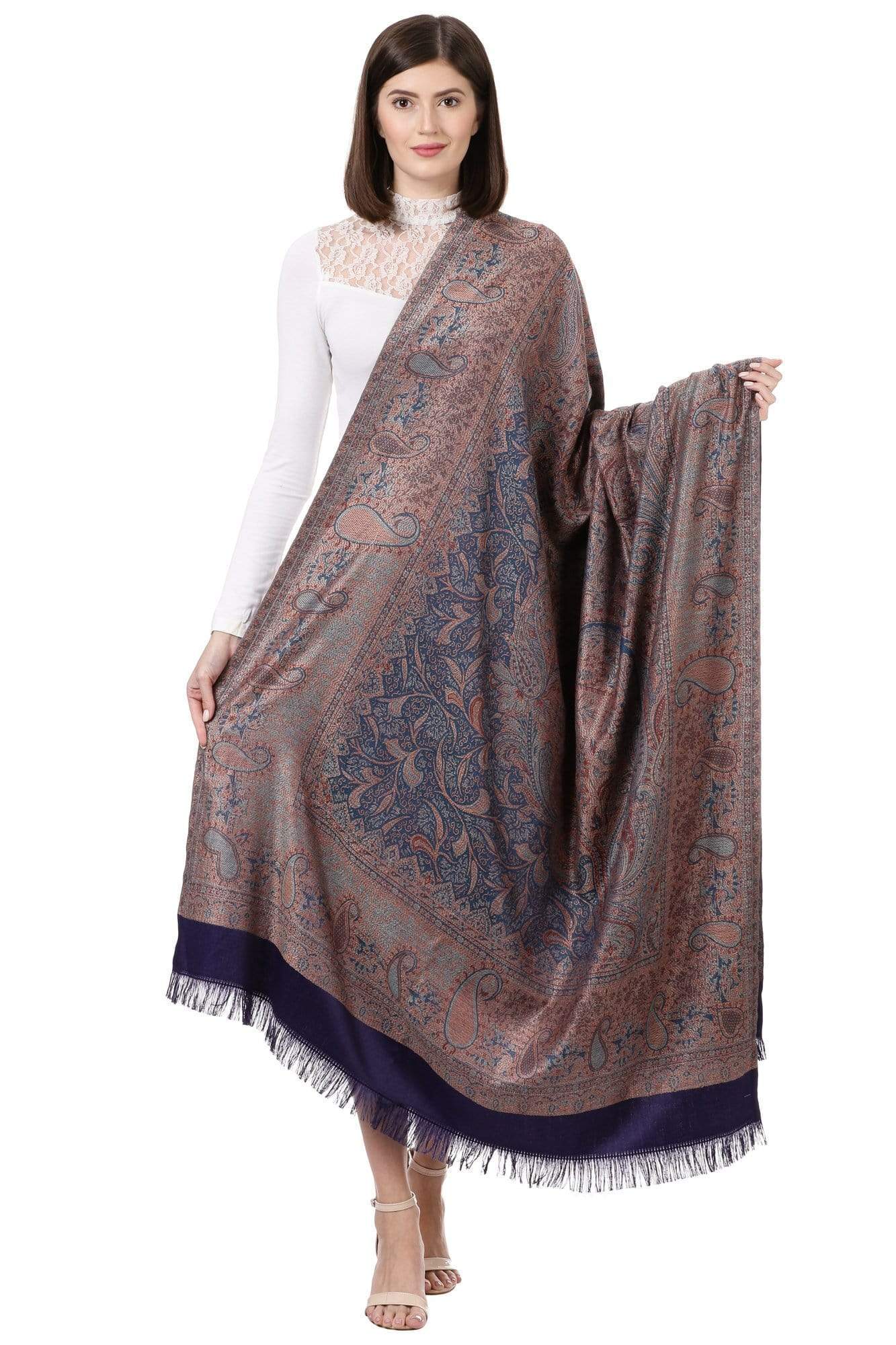 Pashtush India 100x200 Pashtush Women's Kashmiri Jamawar Shawl, Navy blue