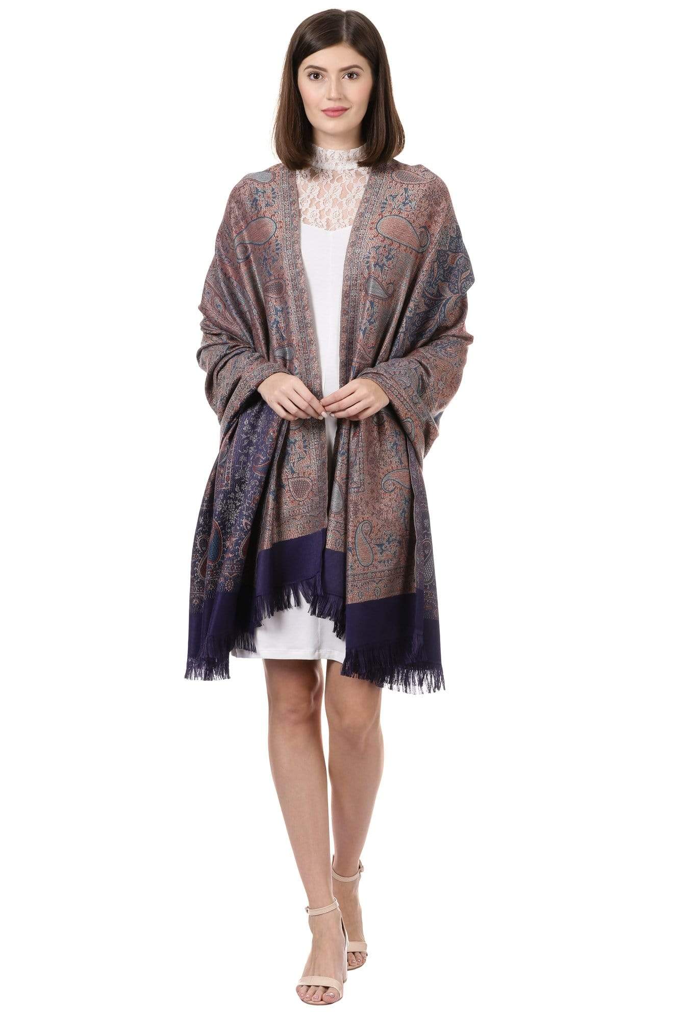 Pashtush India 100x200 Pashtush Women's Kashmiri Jamawar Shawl, Navy blue