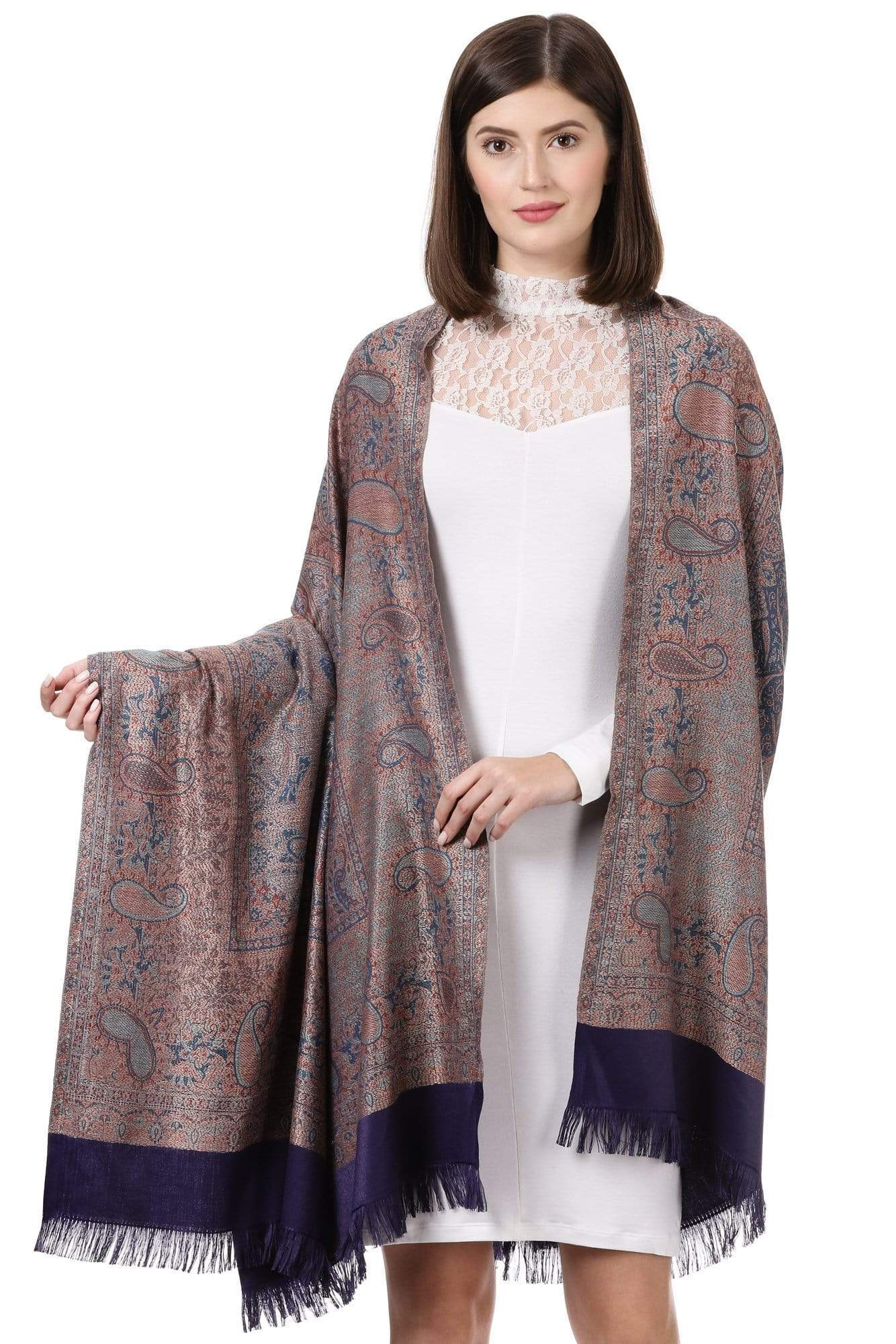 Pashtush India 100x200 Pashtush Women's Kashmiri Jamawar Shawl, Navy blue