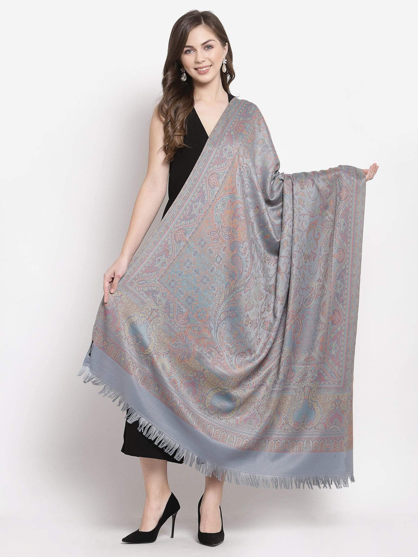 Pashtush India 100x200 Pashtush Women's Kashmiri Jamawar Shawl, Slate Grey