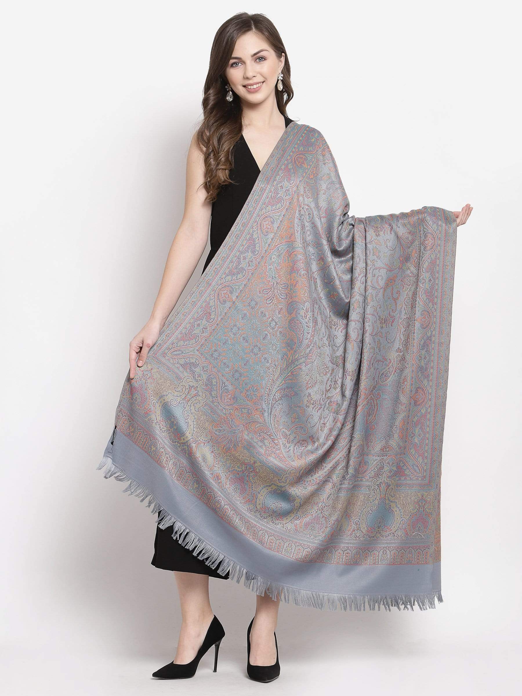 Pashtush India 100x200 Pashtush Women's Kashmiri Jamawar Shawl, Slate Grey