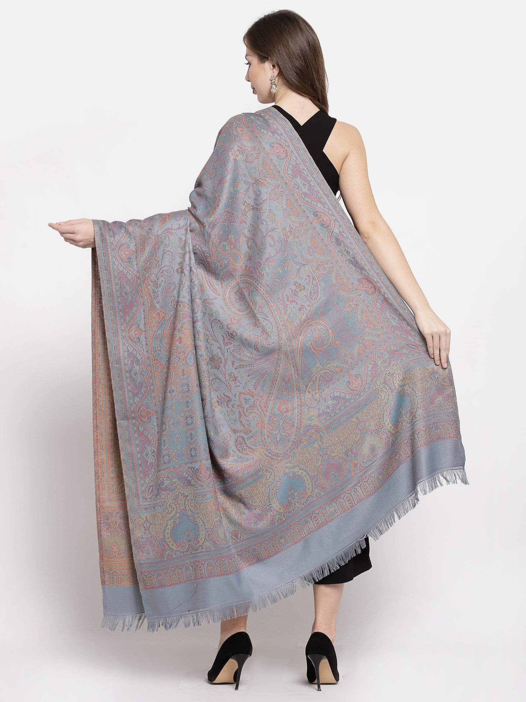 Pashtush India 100x200 Pashtush Women's Kashmiri Jamawar Shawl, Slate Grey