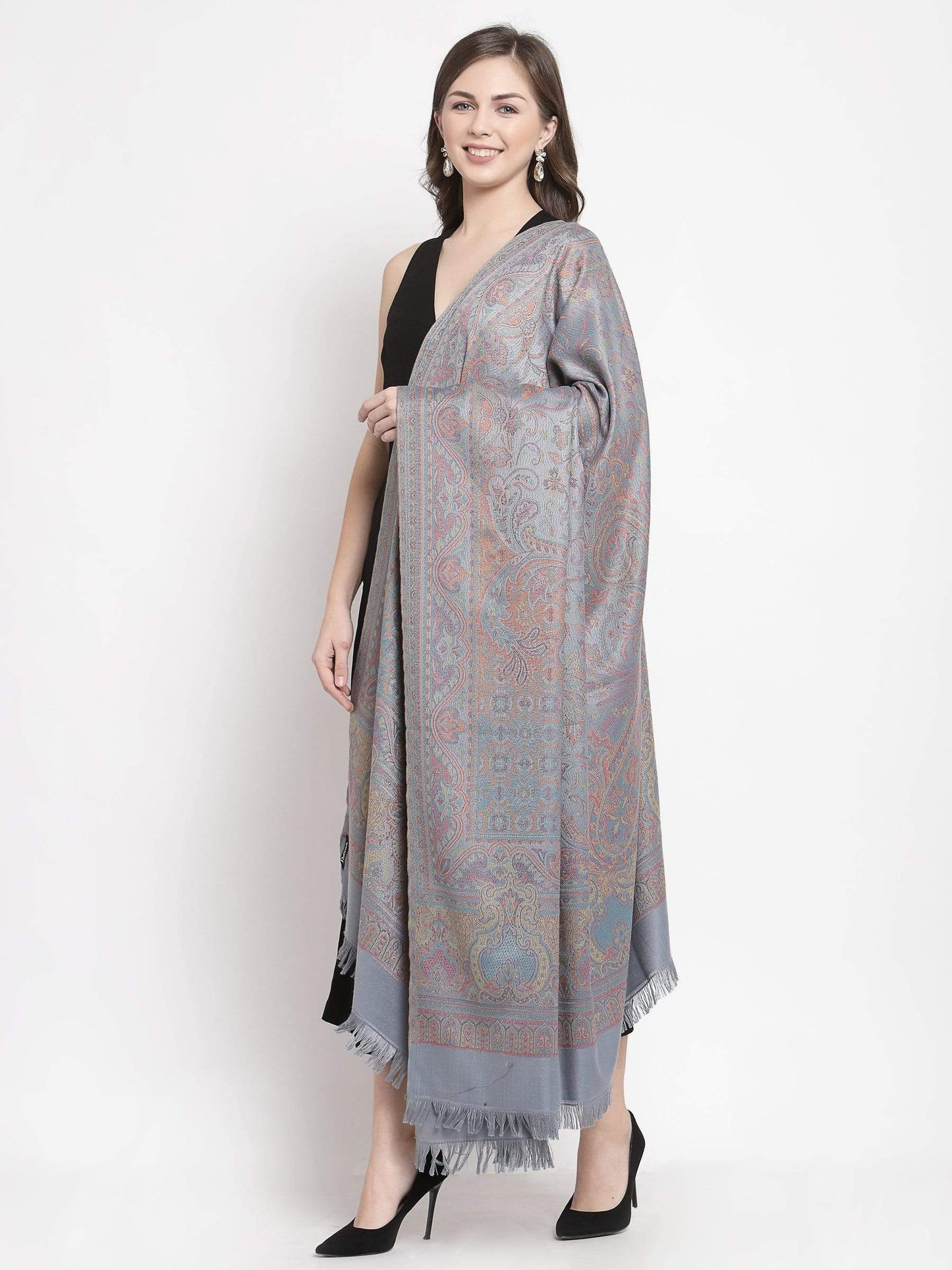 Pashtush India 100x200 Pashtush Women's Kashmiri Jamawar Shawl, Slate Grey