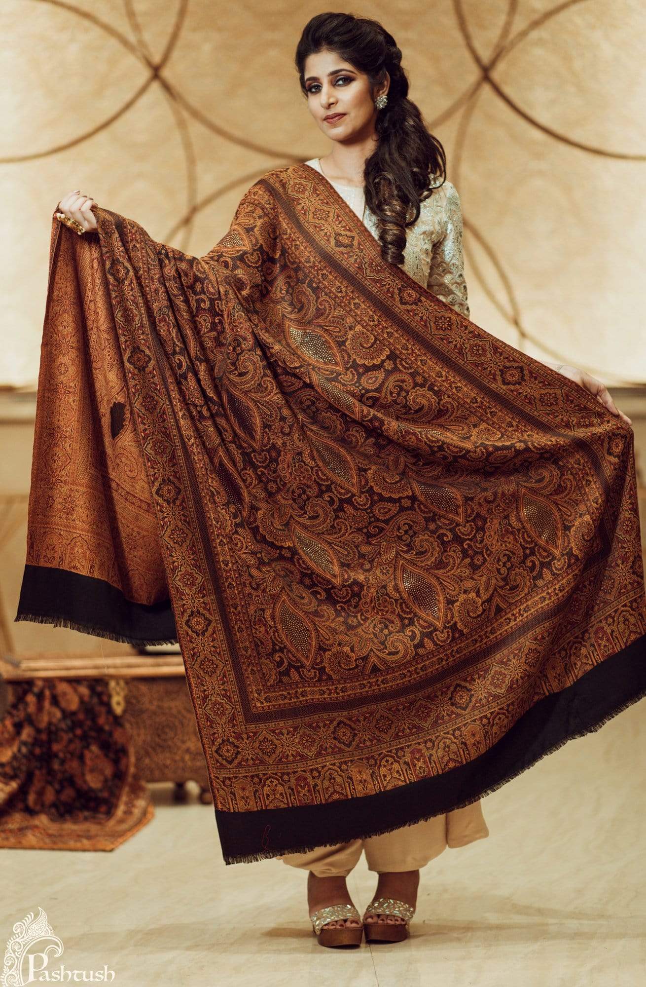Pashtush India Shawl Pashtush Women's Kashmiri Jamawar Shawl with Crystal Work Shawl, Faux Pashmina