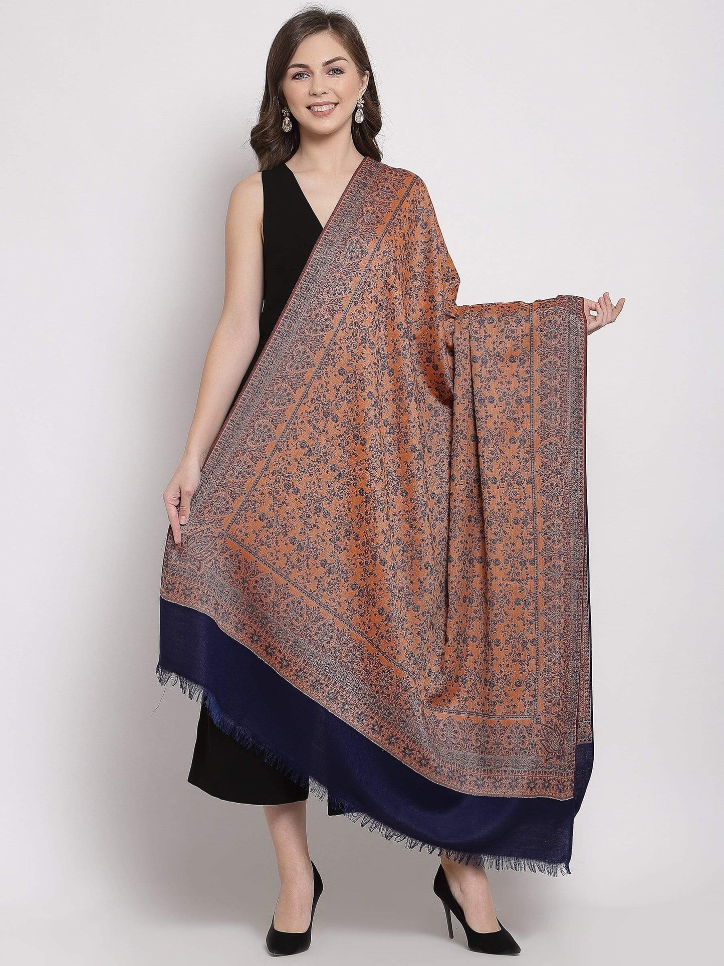 Pashtush India 100x200 Pashtush Women's Kashmiri Shawl, Faux Pashmina, Soft and Warm, Navy Blue