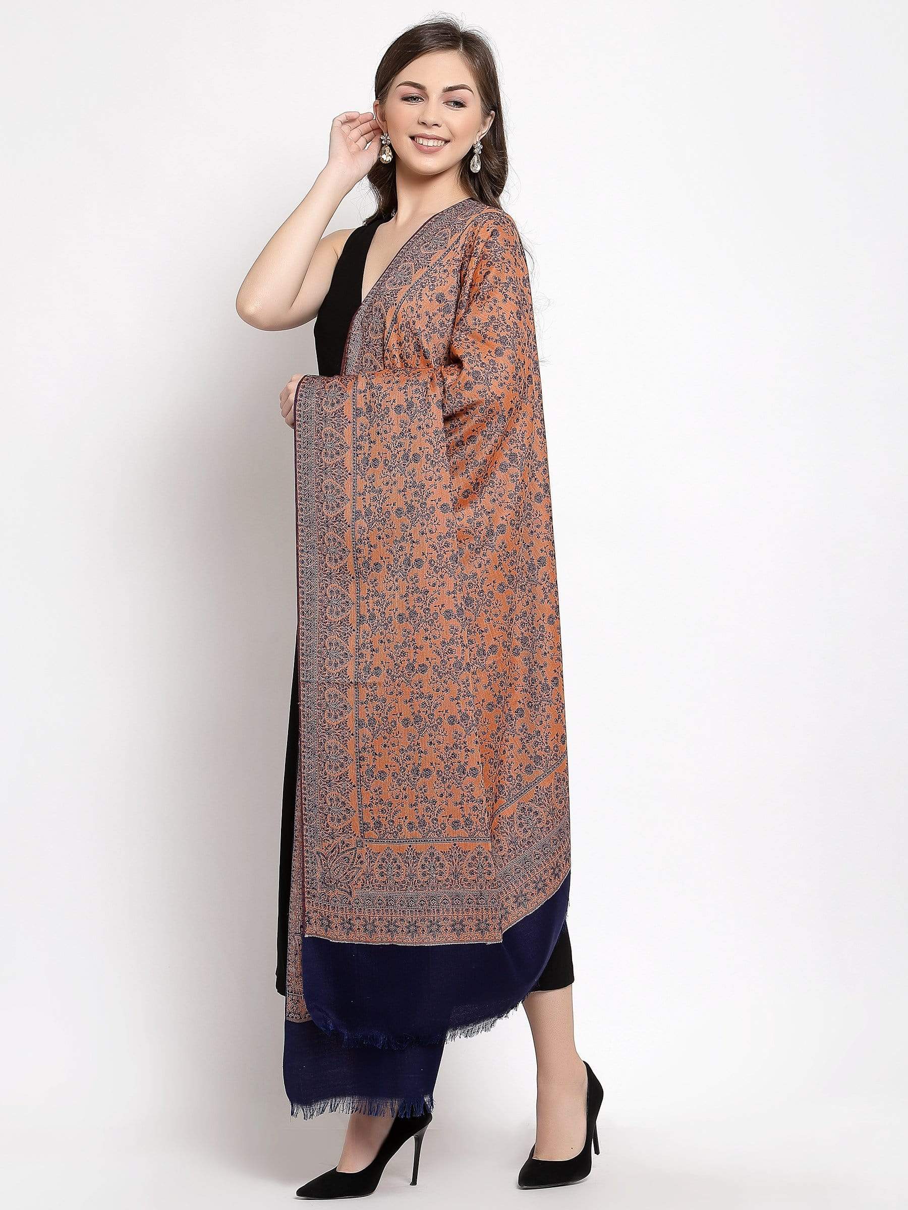 Pashtush India 100x200 Pashtush Women's Kashmiri Shawl, Faux Pashmina, Soft and Warm, Navy Blue