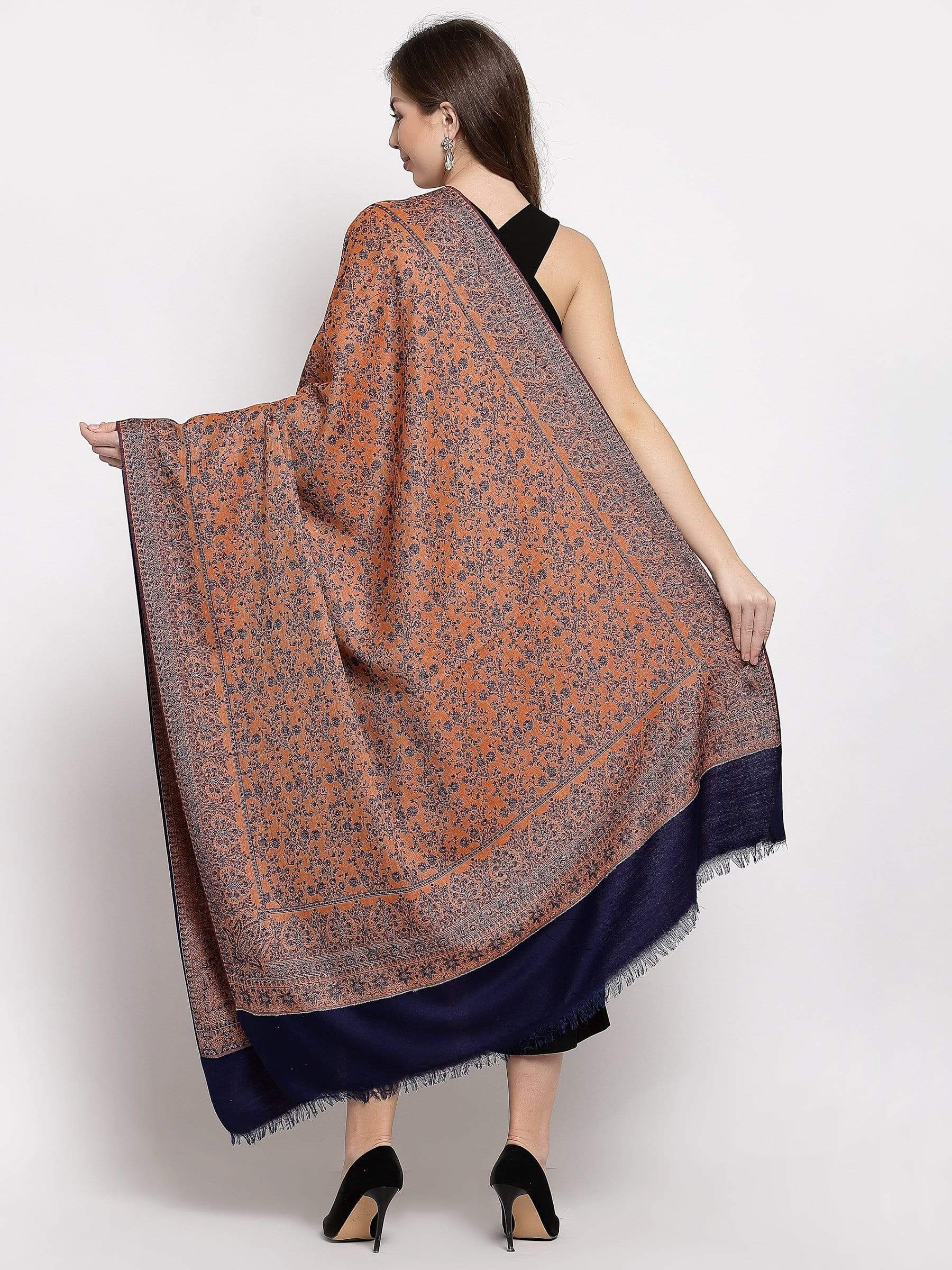 Pashtush India 100x200 Pashtush Women's Kashmiri Shawl, Faux Pashmina, Soft and Warm, Navy Blue