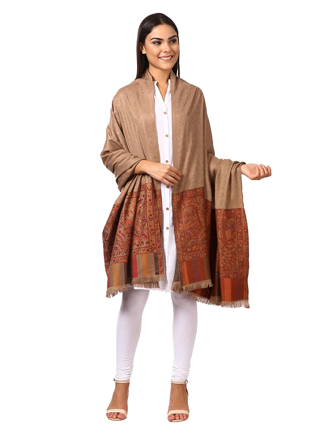 Pashtush Shawl Store Shawl Pashtush women's Kashmiri Shawl, Jacquard palla, Faux Pashmina Design (beige)