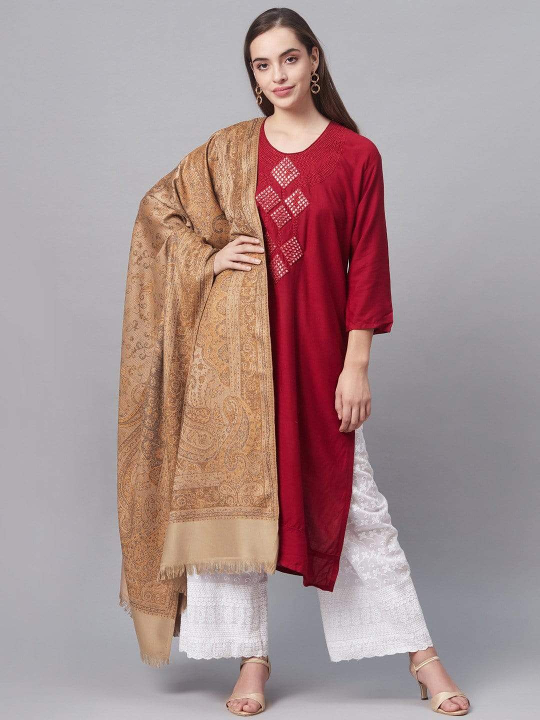 Pashtush India 100x200 PASHTUSH WOMEN'S KASHMIRI SHAWL, WARM AND SOFT, FAUX PASHMINA DESIGN, TAUPE