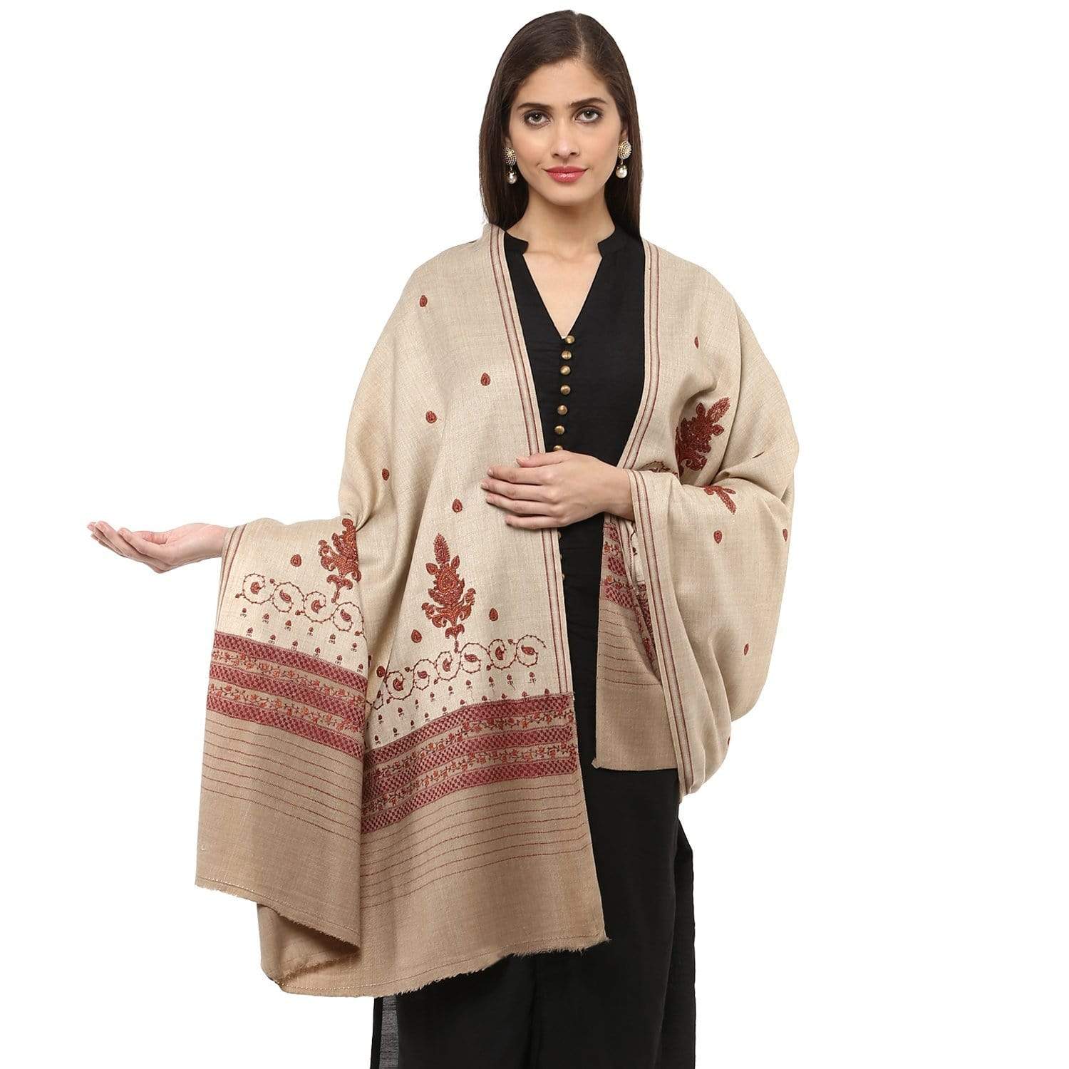Pashtush India Shawl Pashtush Women's Kashmiri Woollen Hand Booty Shawl (Beige , Free Size)