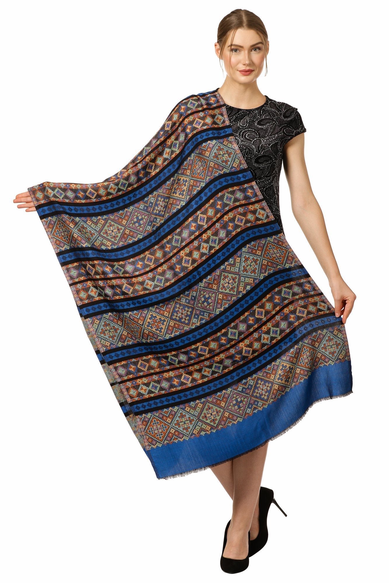 Pashtush Shawl Store Stole Pashtush Women's Multicoloured Bamboo Scarf, Aztec Collection, Navy Blue