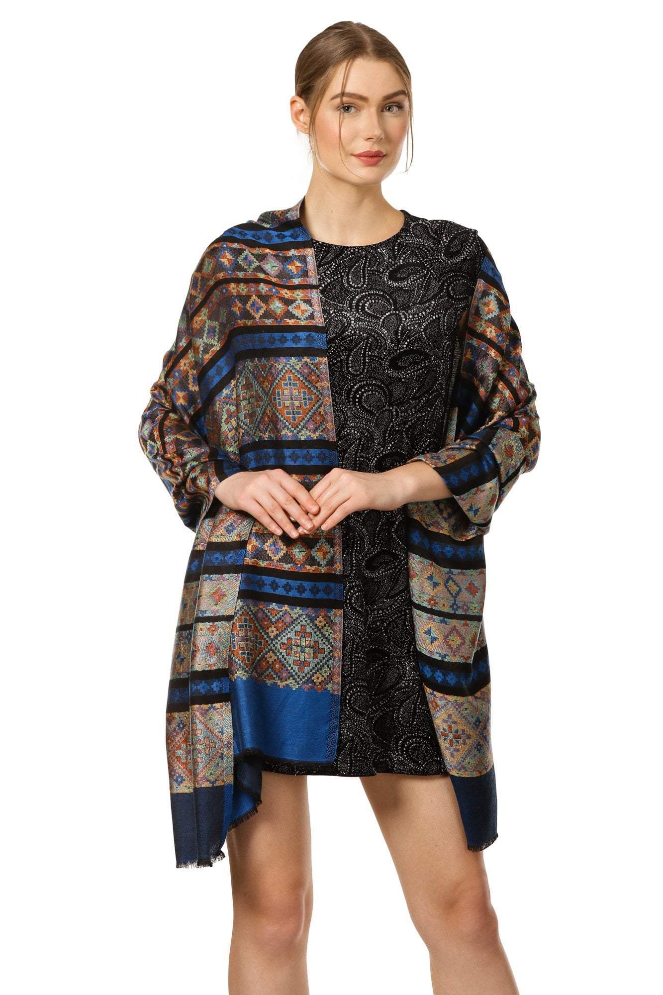 Pashtush Shawl Store Stole Pashtush Women's Multicoloured Bamboo Scarf, Aztec Collection, Navy Blue