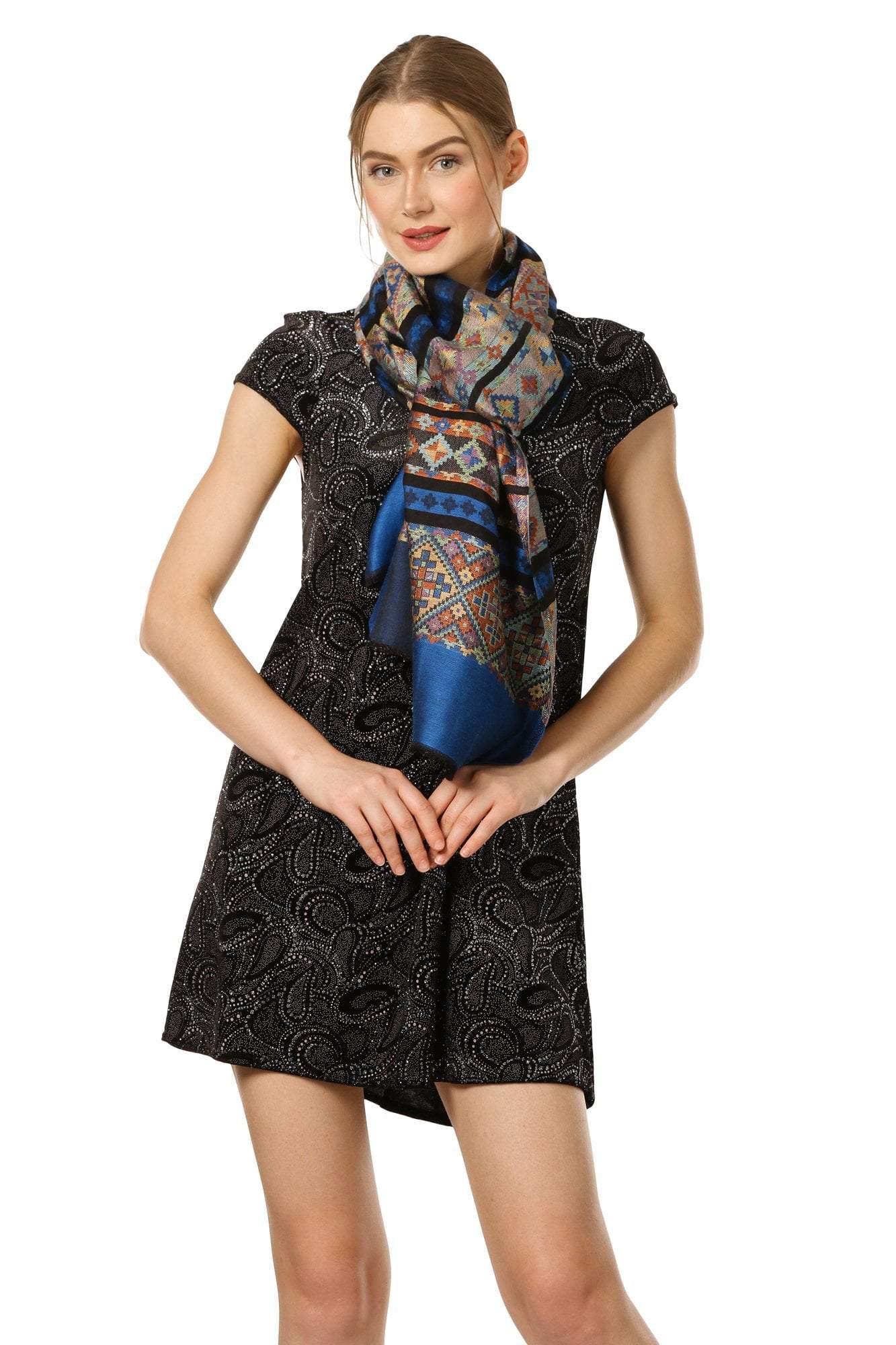 Pashtush Shawl Store Stole Pashtush Women's Multicoloured Bamboo Scarf, Aztec Collection, Navy Blue