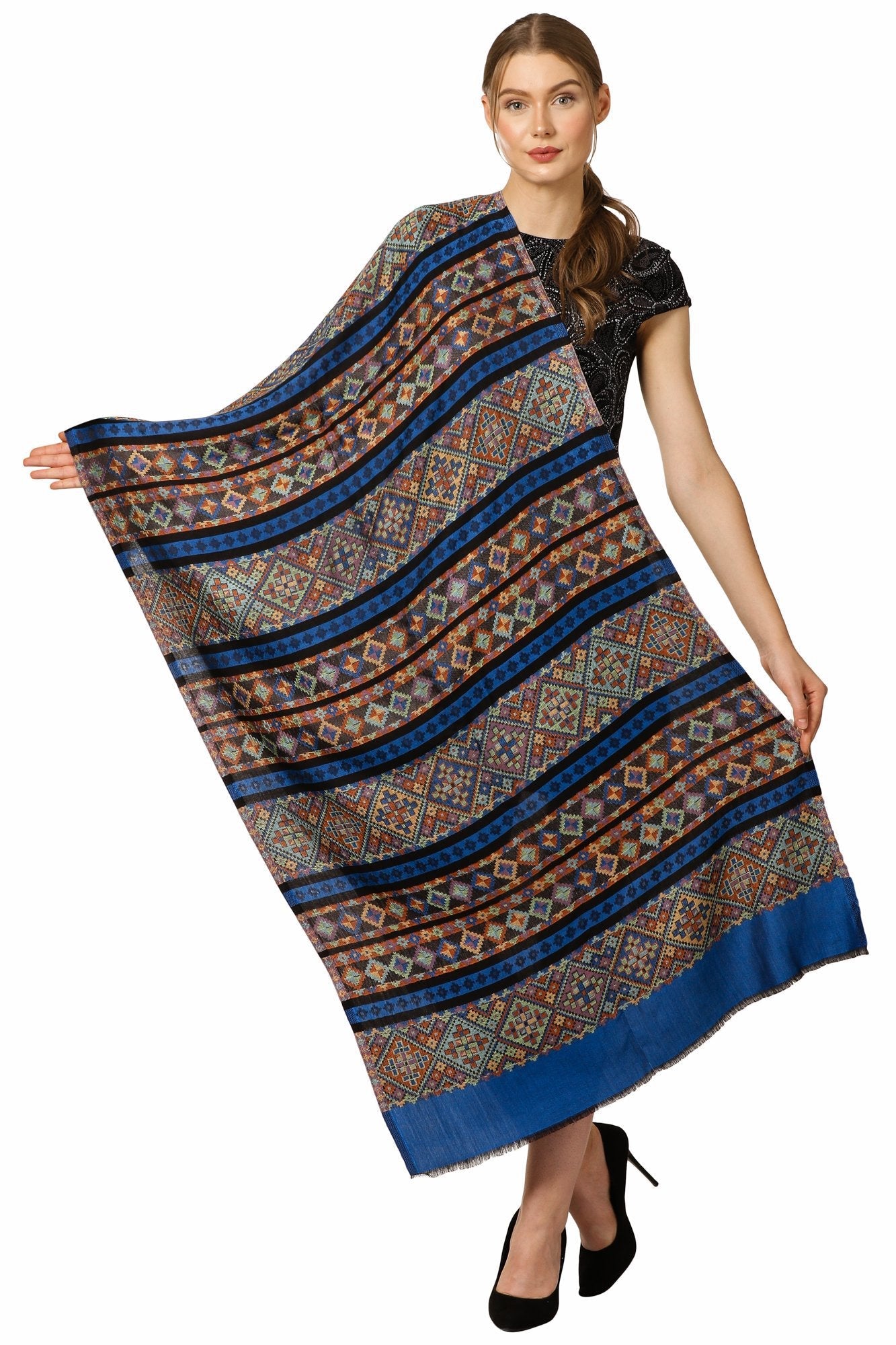 Pashtush Shawl Store Stole Pashtush Women's Multicoloured Bamboo Scarf, Aztec Collection, Navy Blue