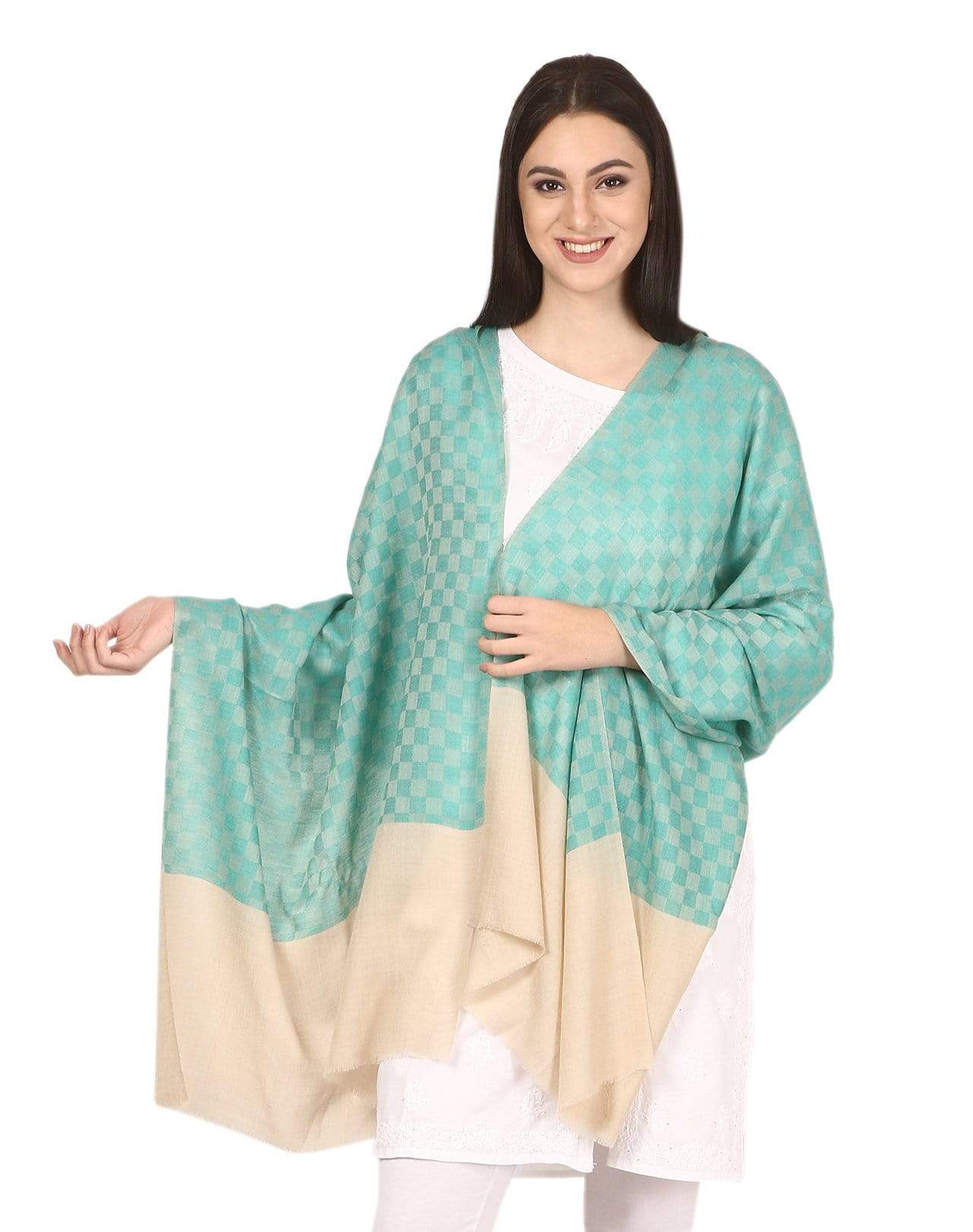 Pashtush Store Stole Pashtush Women’s pashmina handfeel extra fine checkered stole Sea Green