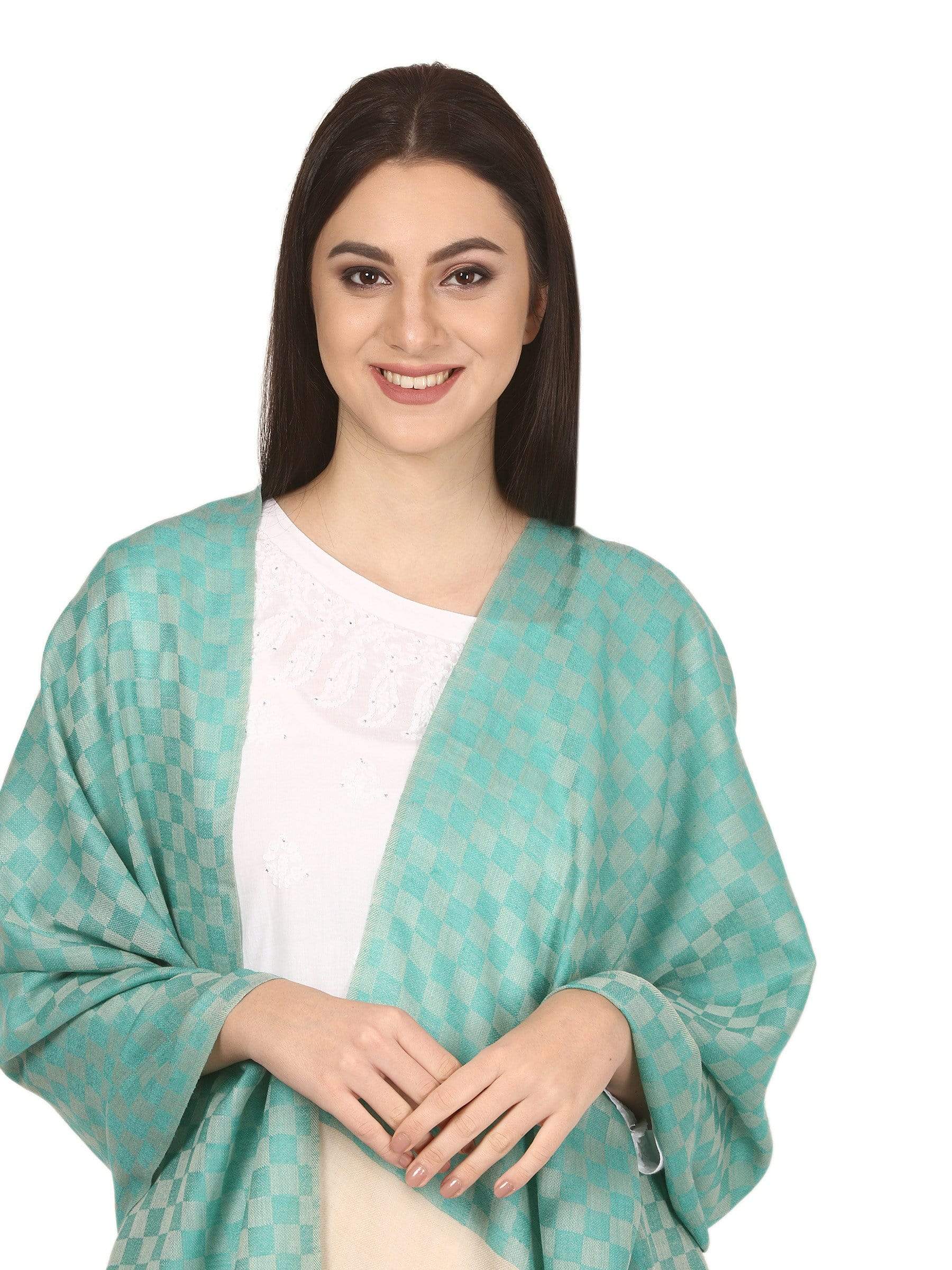 Pashtush Store Stole Pashtush Women’s pashmina handfeel extra fine checkered stole Sea Green