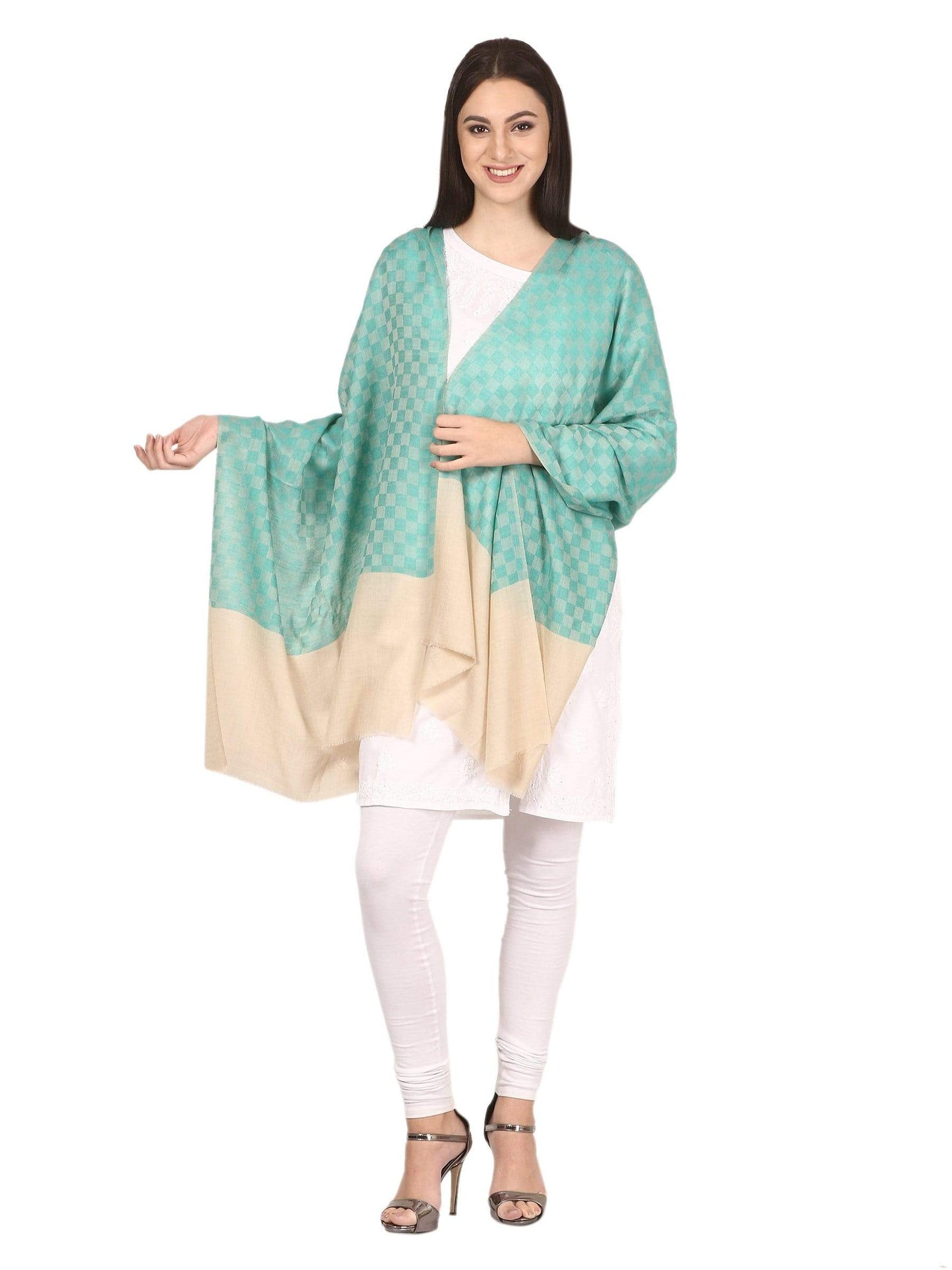 Pashtush Store Stole Pashtush Women’s pashmina handfeel extra fine checkered stole Sea Green