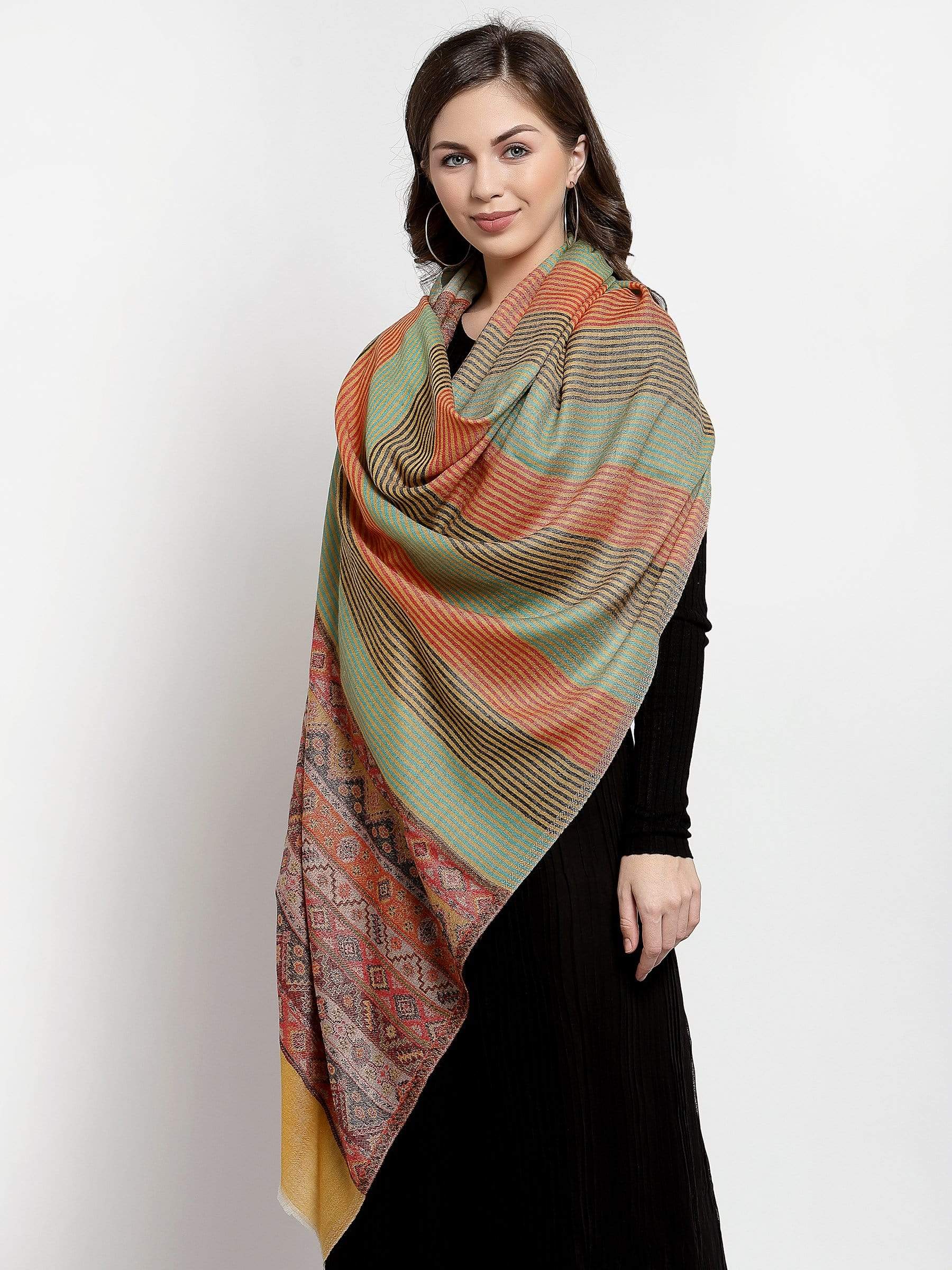 Pashtush India 70x200 Pashtush Women's Reversible Stole, Aztec Weave Scarf, Fine Wool, Multicolored