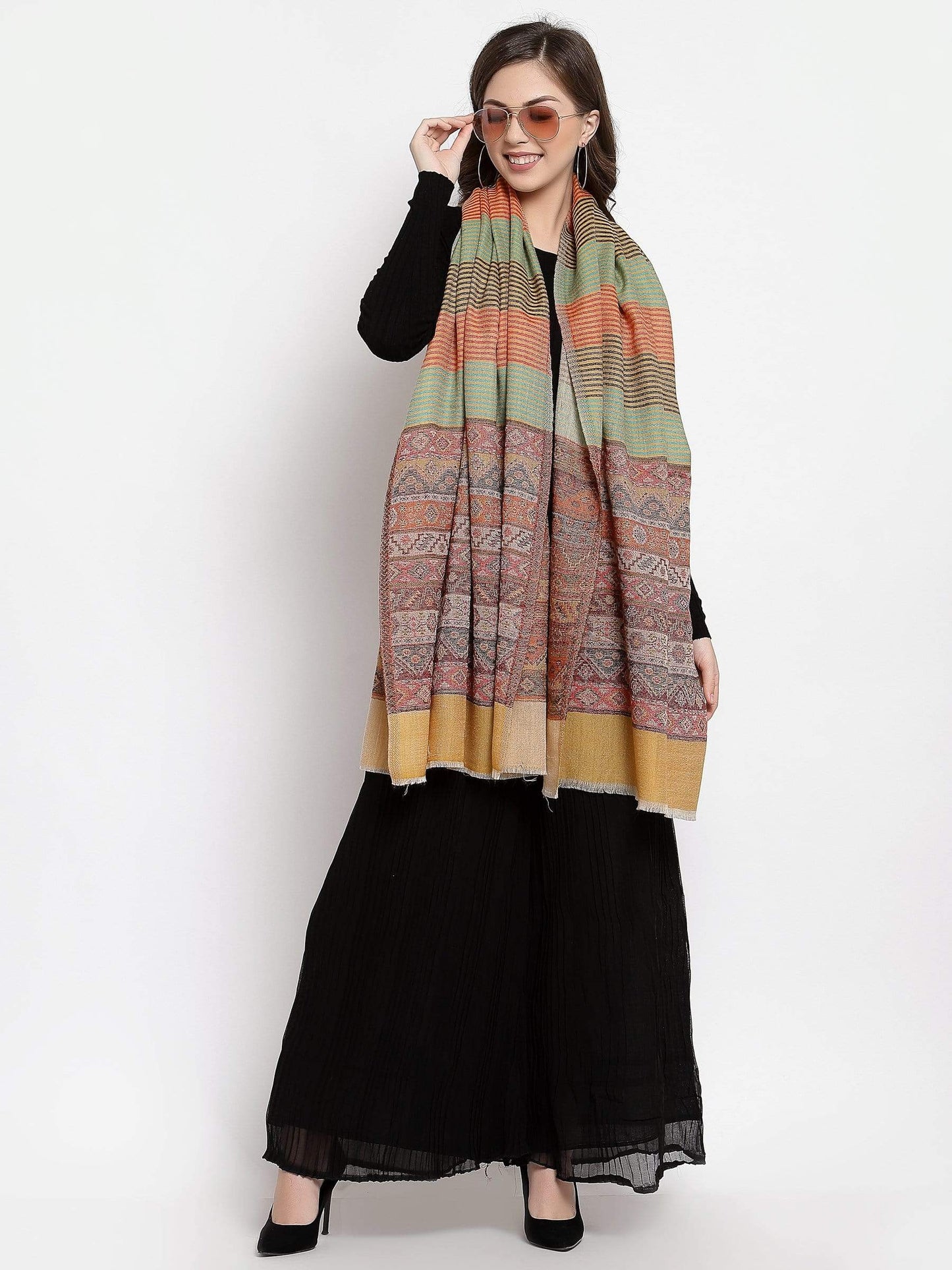 Pashtush India 70x200 Pashtush Women's Reversible Stole, Aztec Weave Scarf, Fine Wool, Multicolored