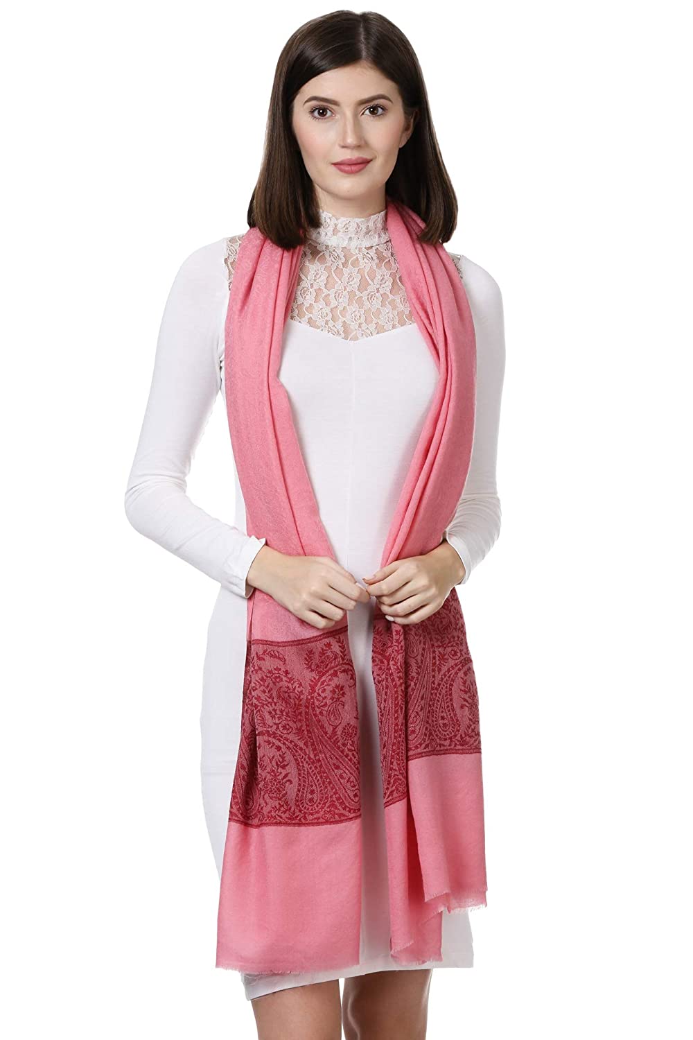 Pashtush India 70x200 Pashtush Women's Reversible Stole, Chanting Paisley Weave Scarf, Powder Pink