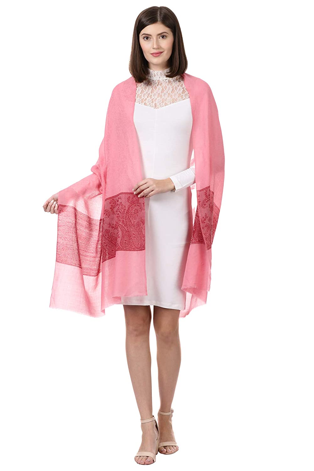 Pashtush India 70x200 Pashtush Women's Reversible Stole, Chanting Paisley Weave Scarf, Powder Pink