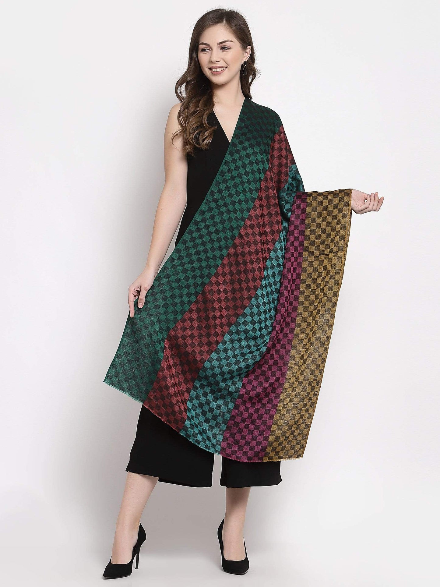 Pashtush India 70x200 Pashtush Women's Reversible Stole, checkered design Multi coloured