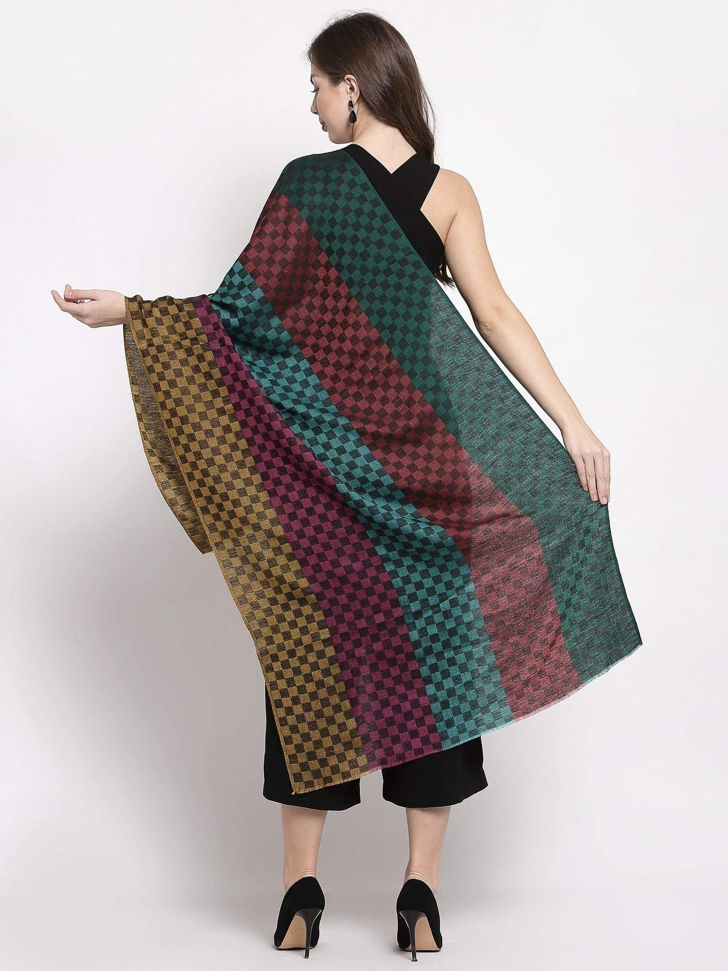 Pashtush India 70x200 Pashtush Women's Reversible Stole, checkered design Multi coloured