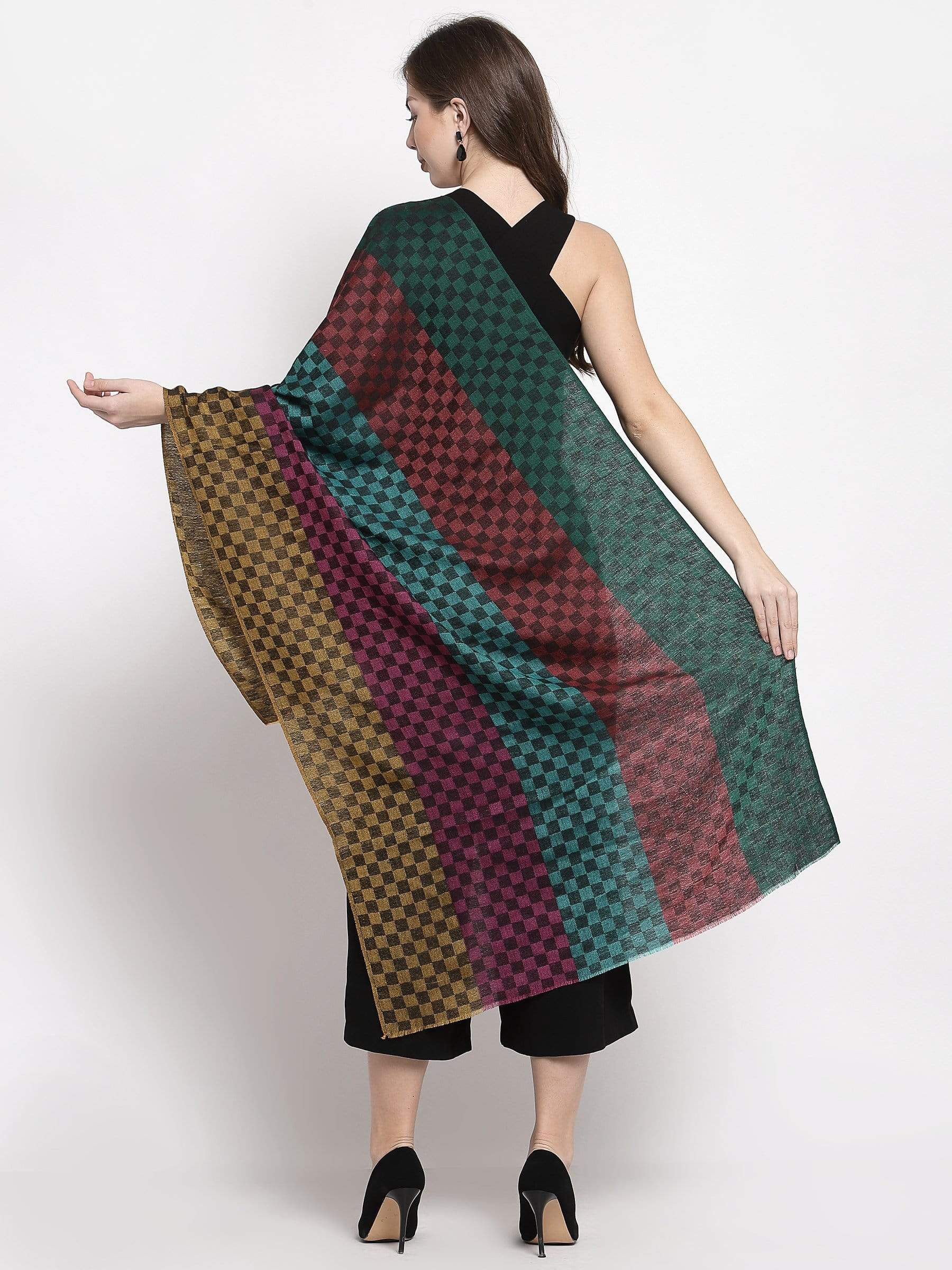 Pashtush India 70x200 Pashtush Women's Reversible Stole, checkered design Multi coloured