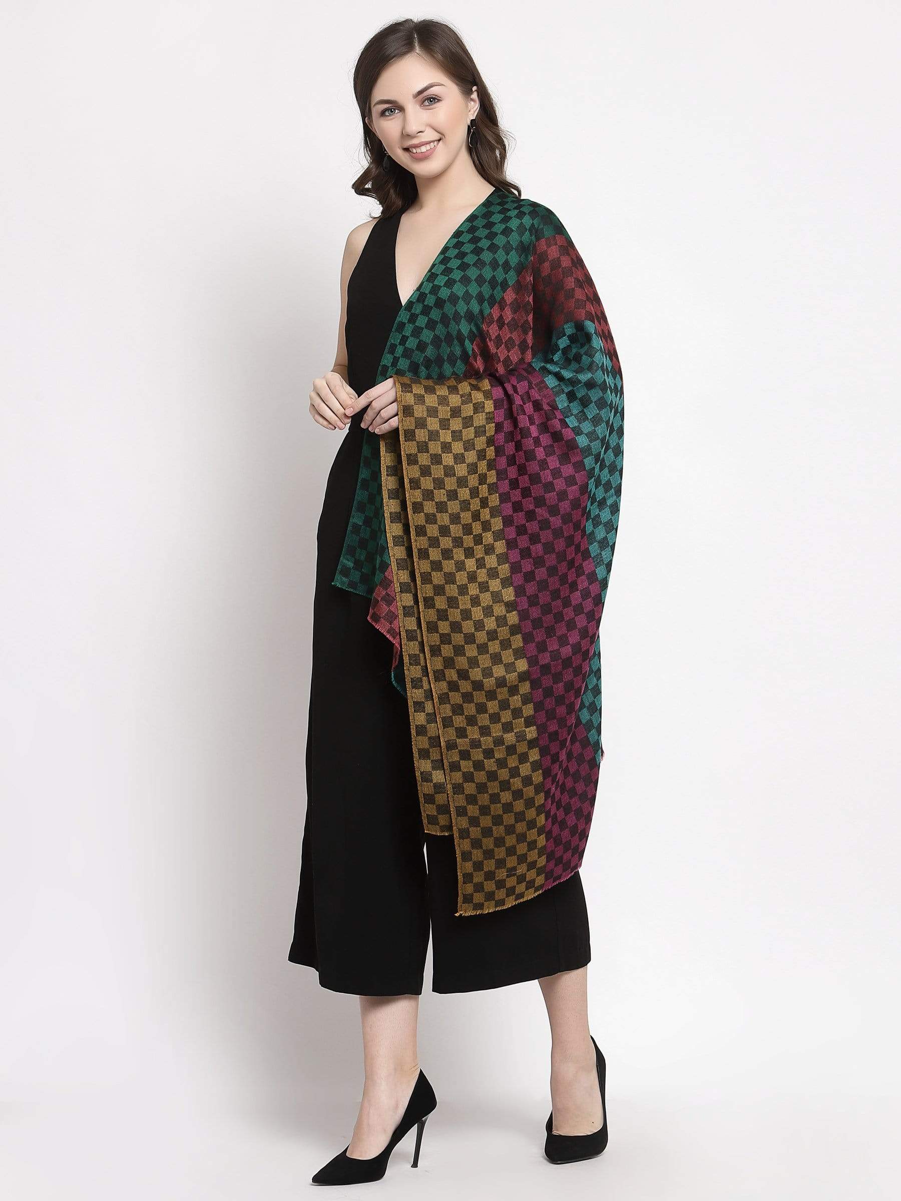 Pashtush India 70x200 Pashtush Women's Reversible Stole, checkered design Multi coloured