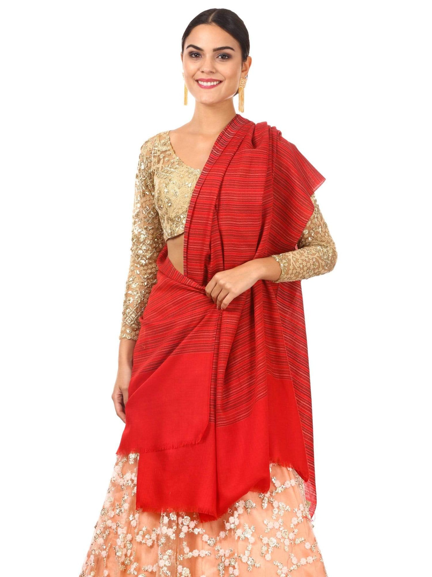 Pashtush Shawl Store Shawl Pashtush Women's Shawl, Fine Wool, Striped Design, Faux Pashmina, Soft and Warm, Deep Red