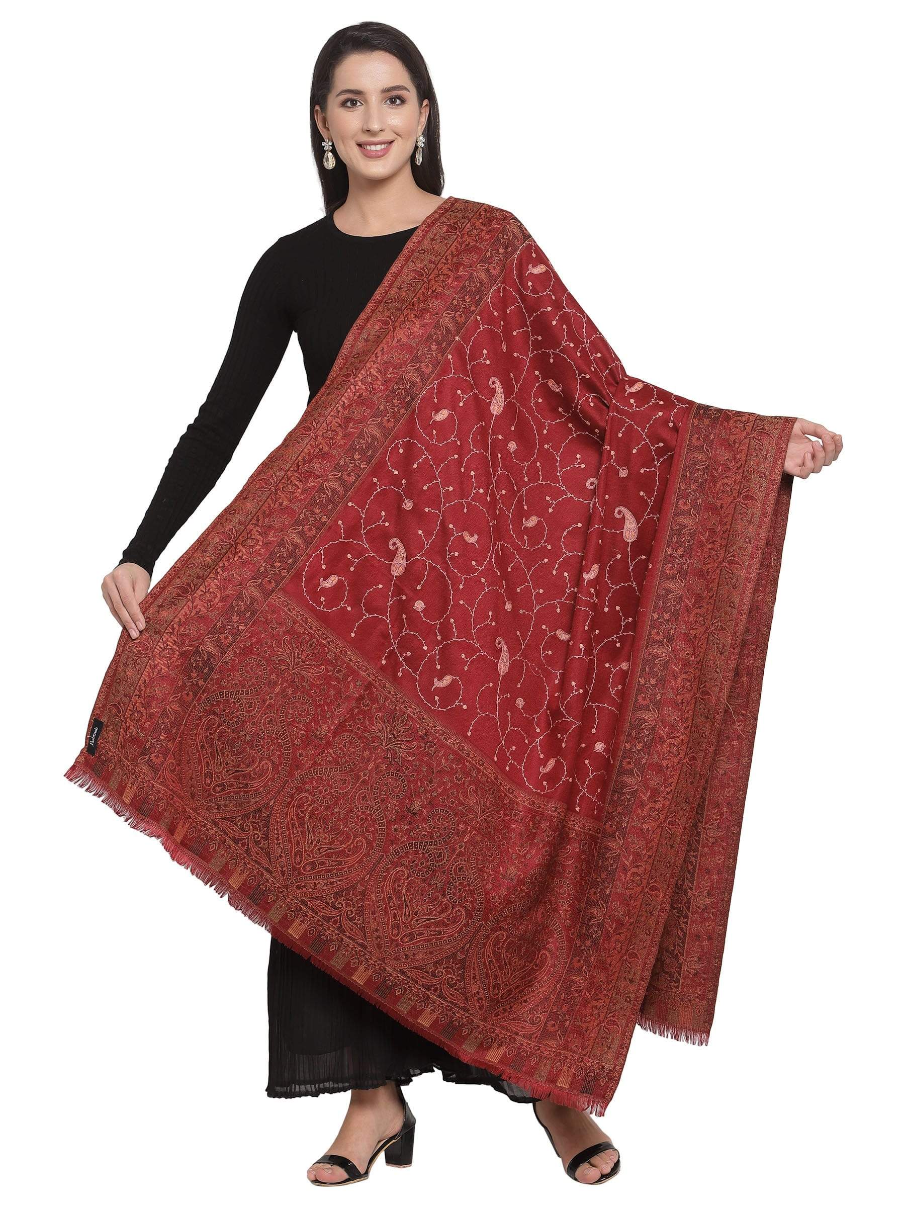 Pashtush India 100x200 Pashtush Women's Shawl, Vintage Jamawar Design with Needle Embroidery