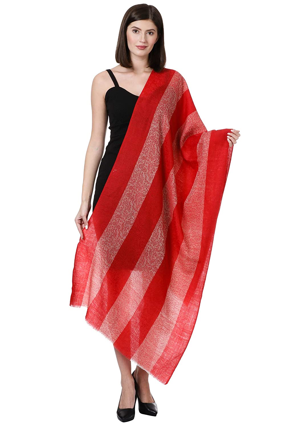 Pashtush India 70x200 Pashtush Women's Silk-Pashmina Feel Reversible Stole, Striped Scarf, Scarlet Red