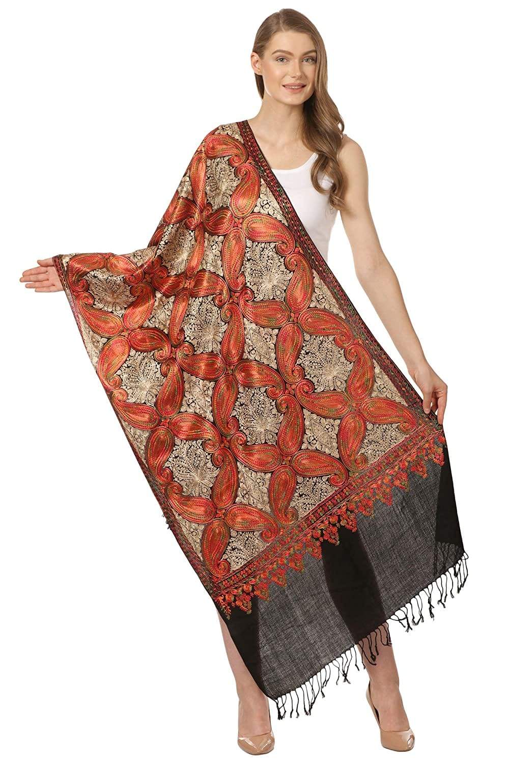 Pashtush India 70x200 Pashtush Women's silk wool hand embroidery stole. Extra Soft Scarf