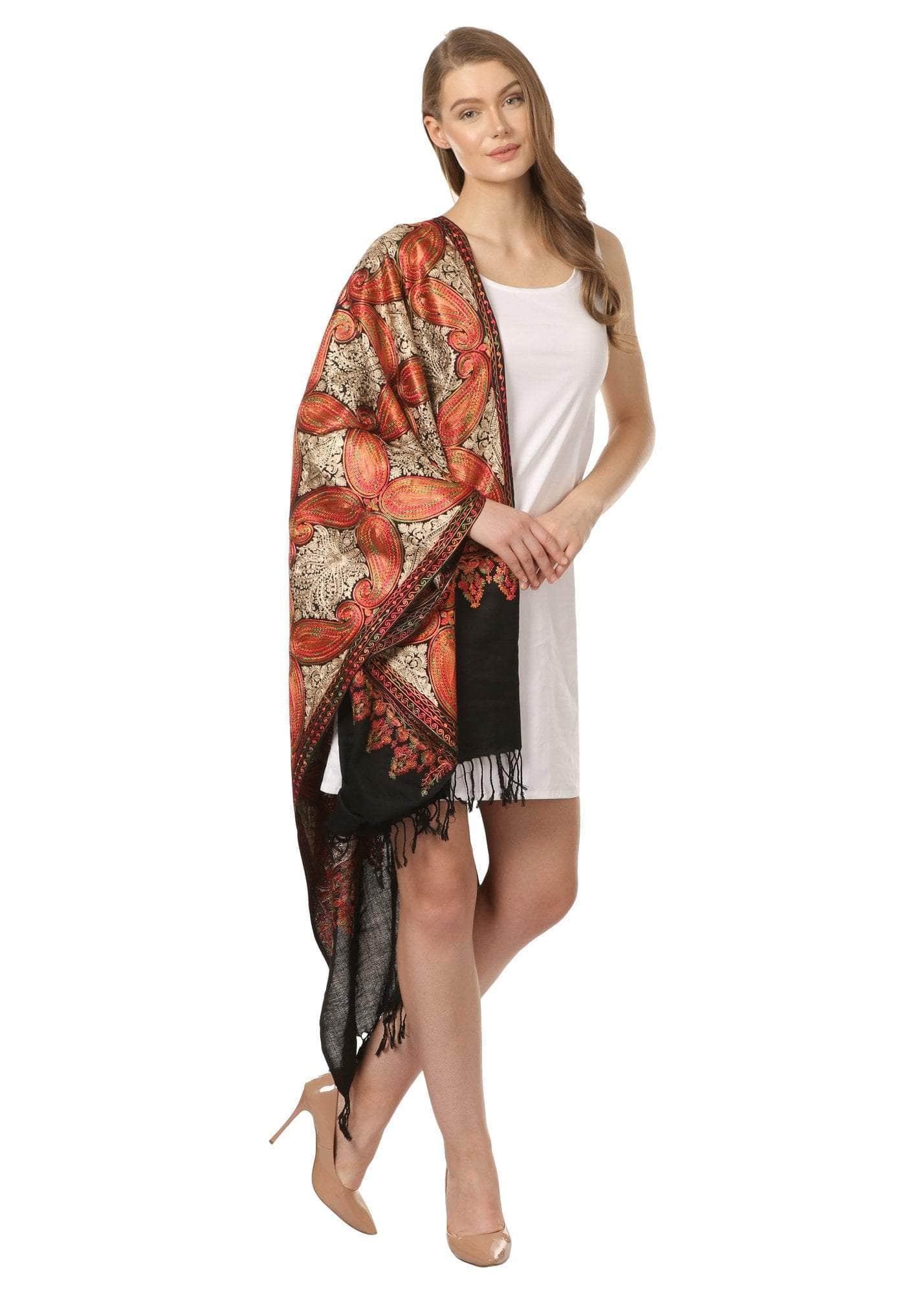Pashtush India 70x200 Pashtush Women's silk wool hand embroidery stole. Extra Soft Scarf