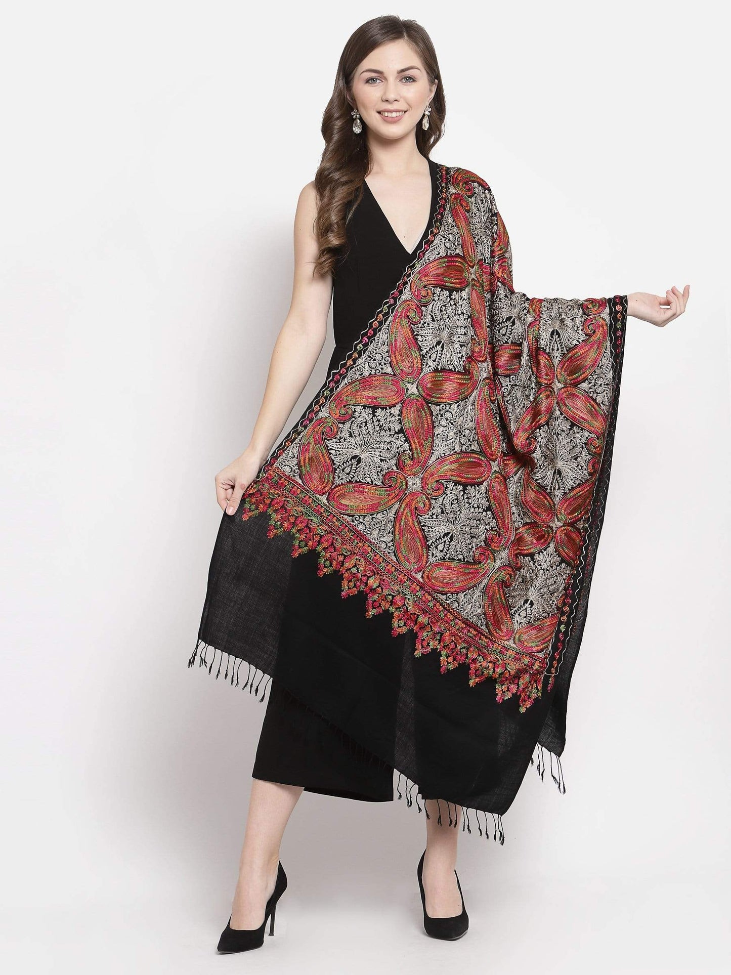 Pashtush India 70x200 Pashtush Women's silk wool hand embroidery stole. Extra Soft Scarf