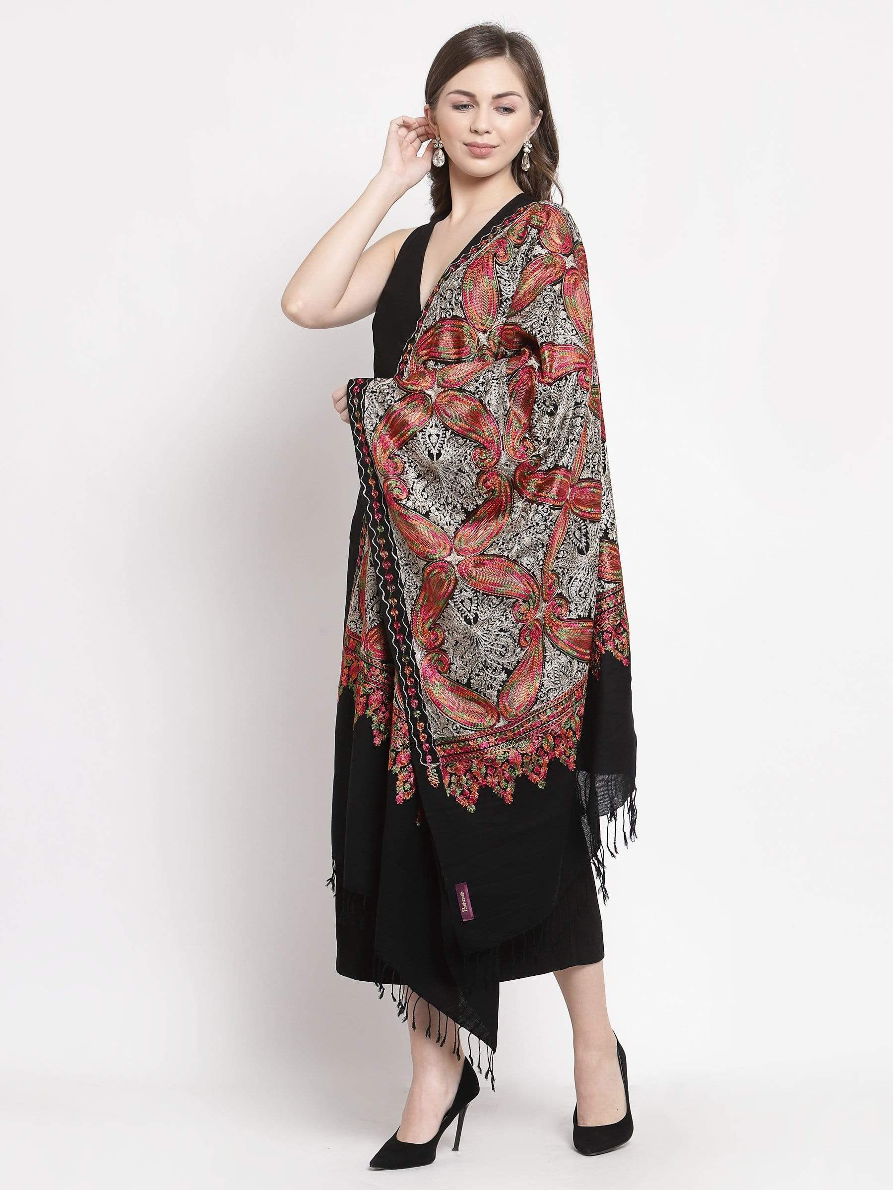 Pashtush India 70x200 Pashtush Women's silk wool hand embroidery stole. Extra Soft Scarf