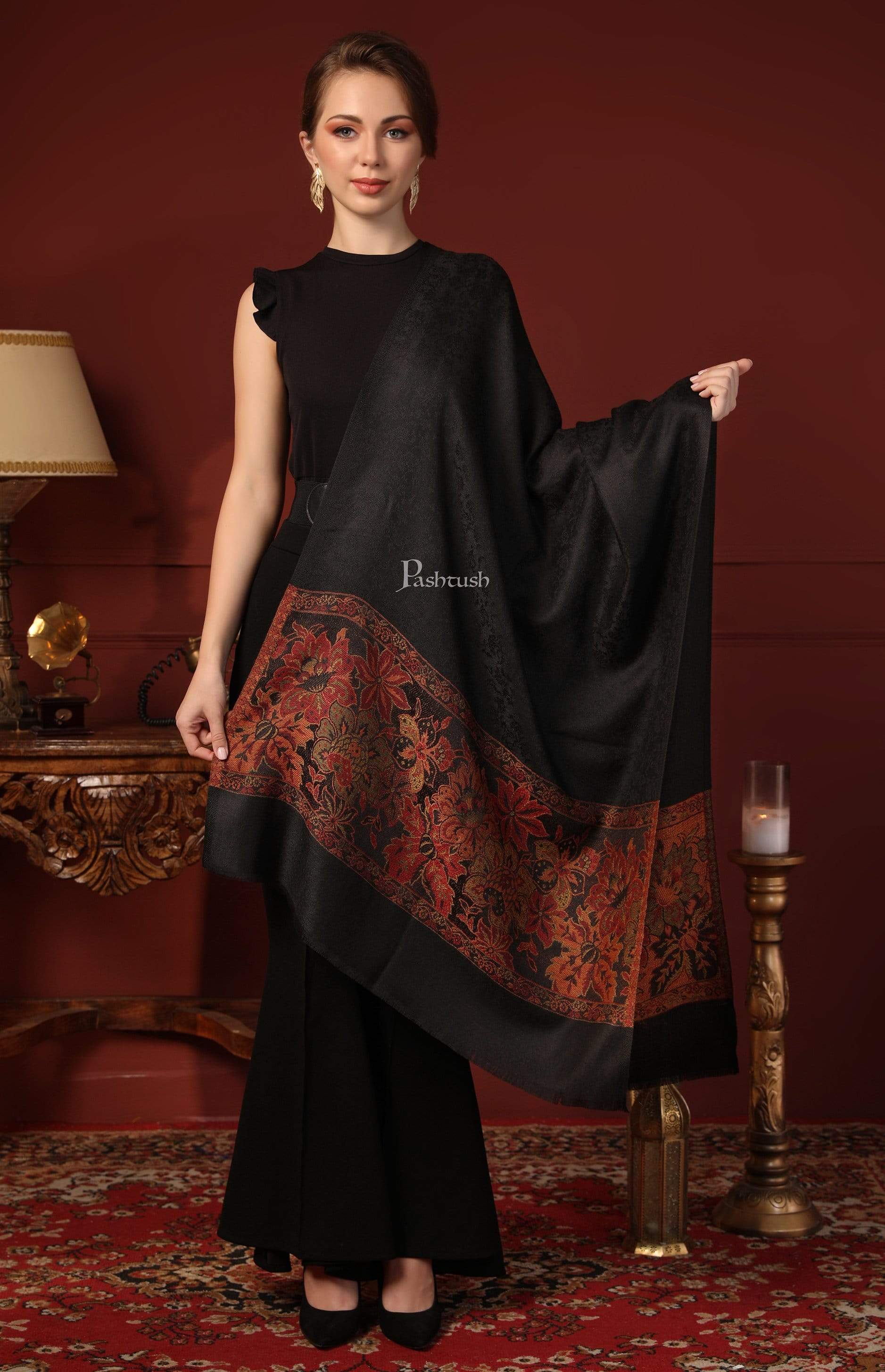 Pashtush India 70x200 Pashtush Women's Silk-Wool Reversible Floral Scarf, Soft and Warm Black