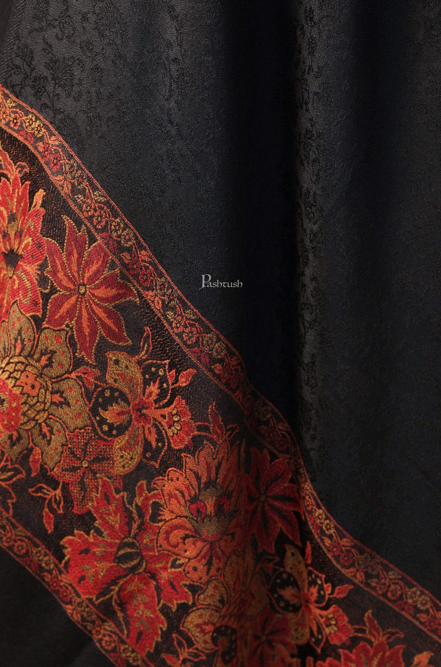 Pashtush India 70x200 Pashtush Women's Silk-Wool Reversible Floral Scarf, Soft and Warm Black