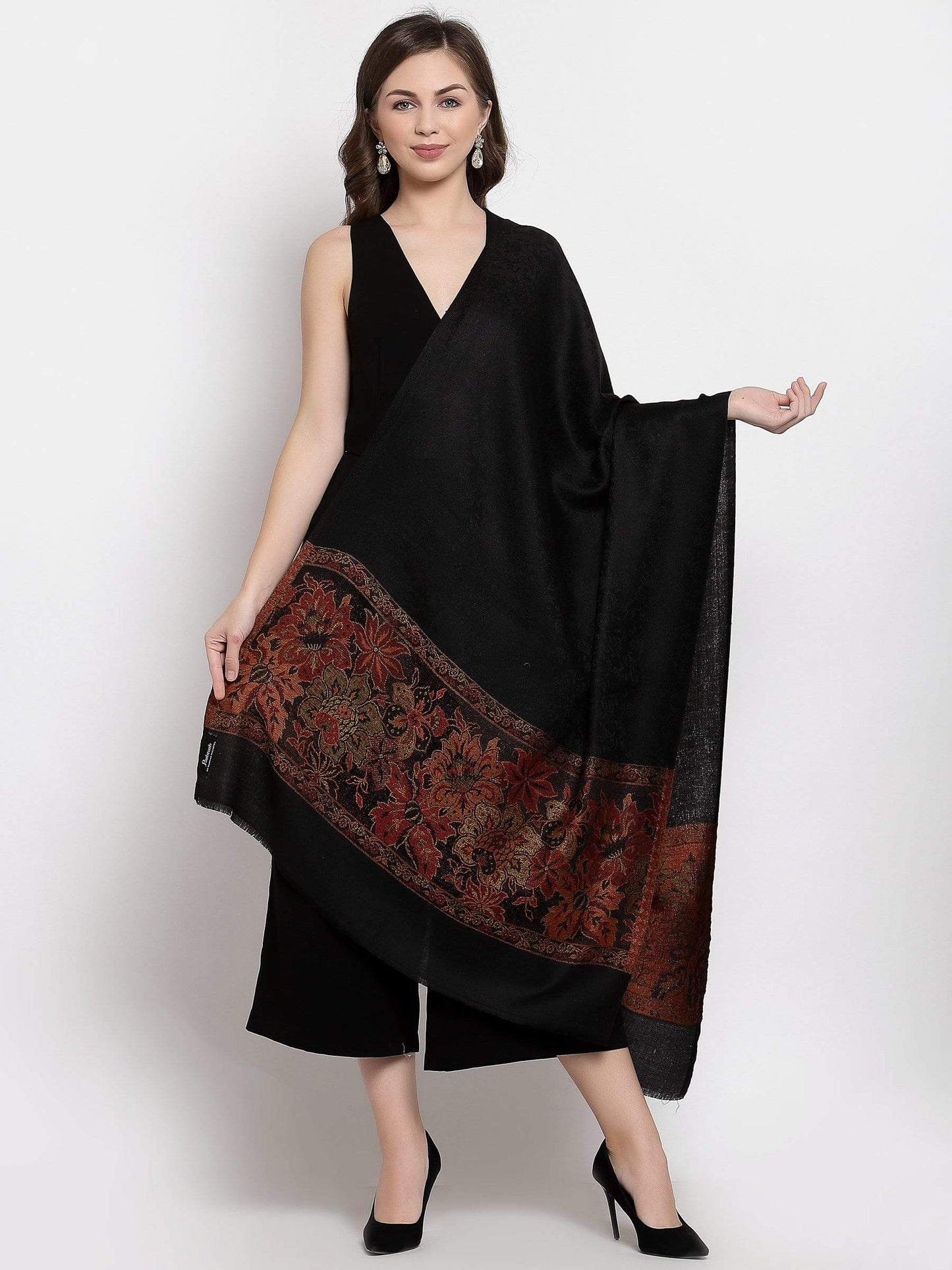 Pashtush India 70x200 Pashtush Women's Silk-Wool Reversible Floral Scarf, Soft and Warm Black