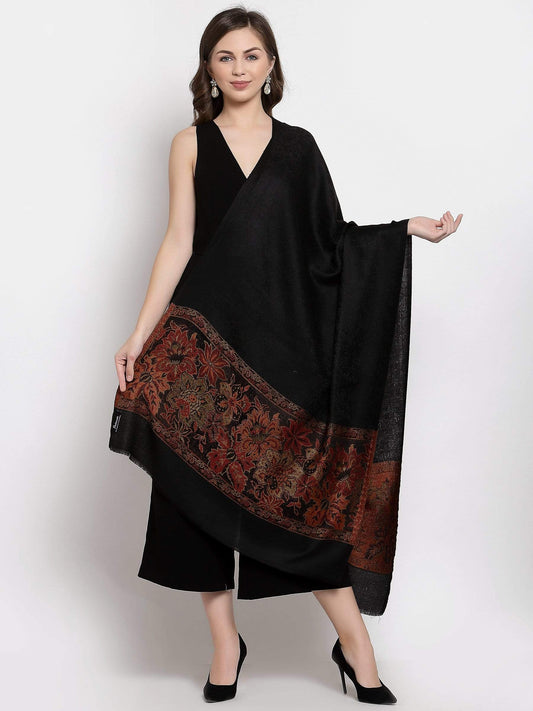 Pashtush India 70x200 Pashtush Women's Silk-Wool Reversible Floral Scarf, Soft and Warm Black