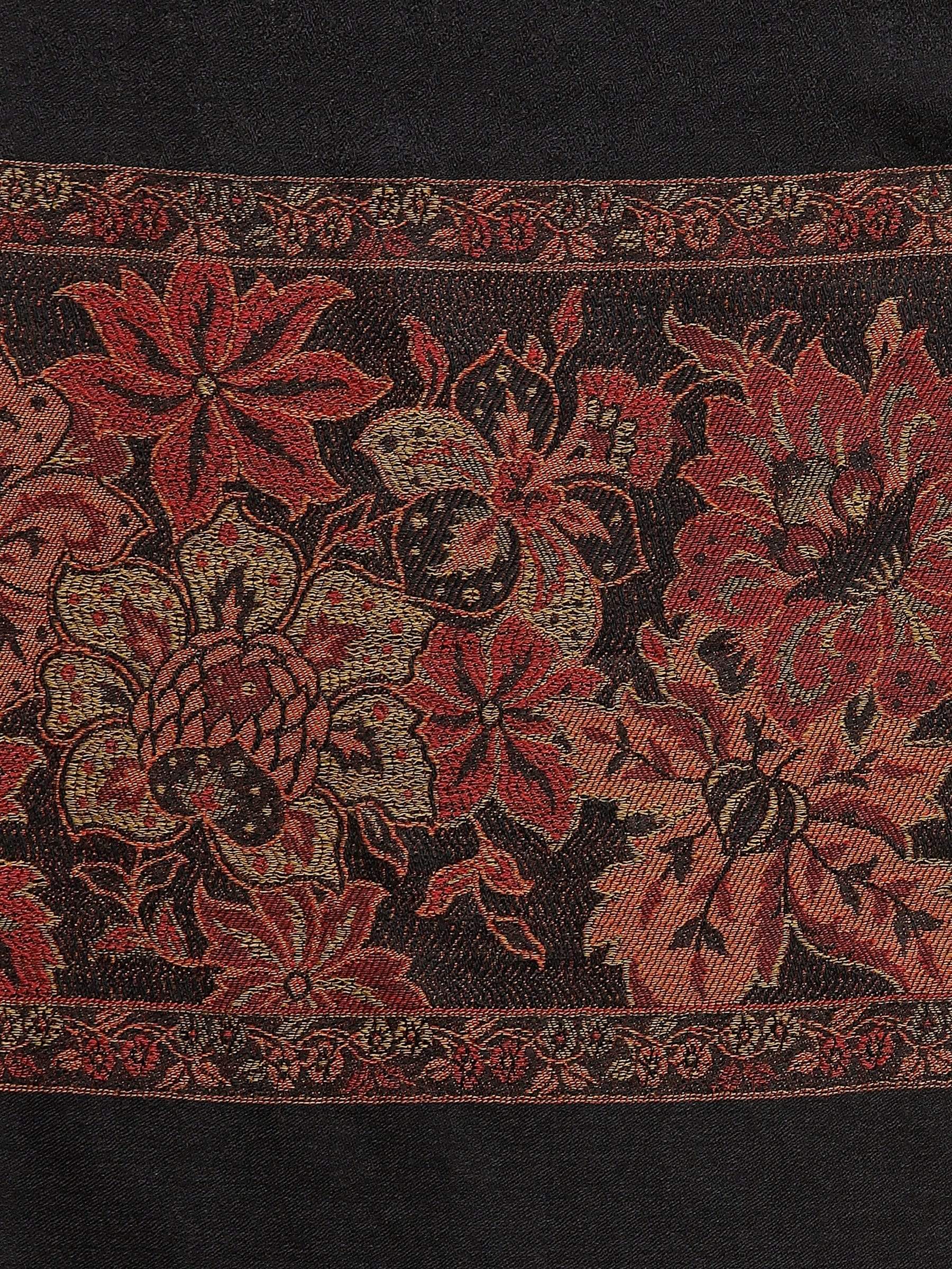Pashtush India 70x200 Pashtush Women's Silk-Wool Reversible Floral Scarf, Soft and Warm Black