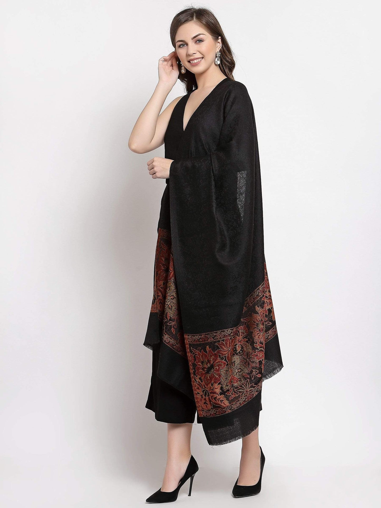 Pashtush India 70x200 Pashtush Women's Silk-Wool Reversible Floral Scarf, Soft and Warm Black